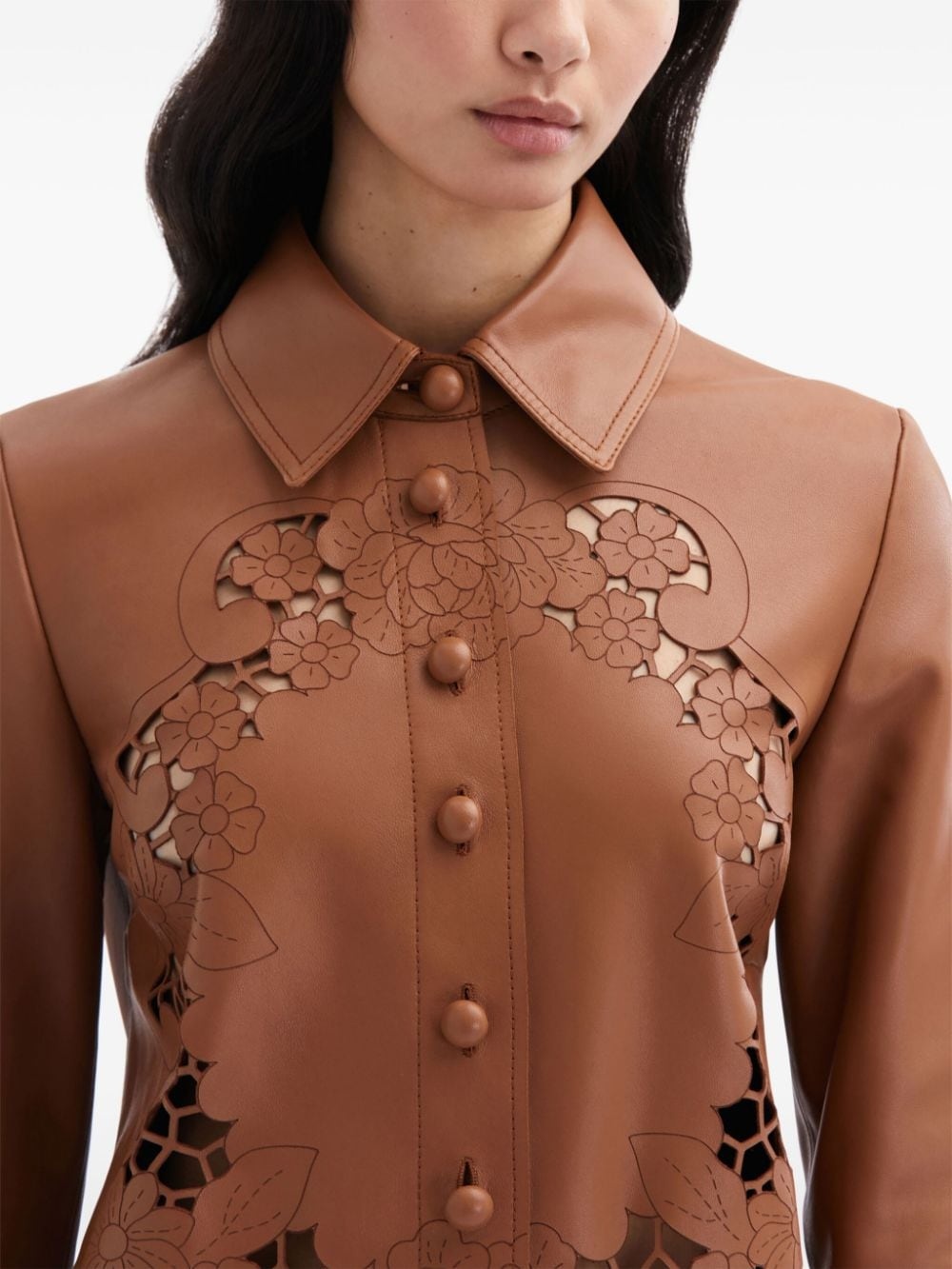 laser-cut floral leather shirt dress - 5