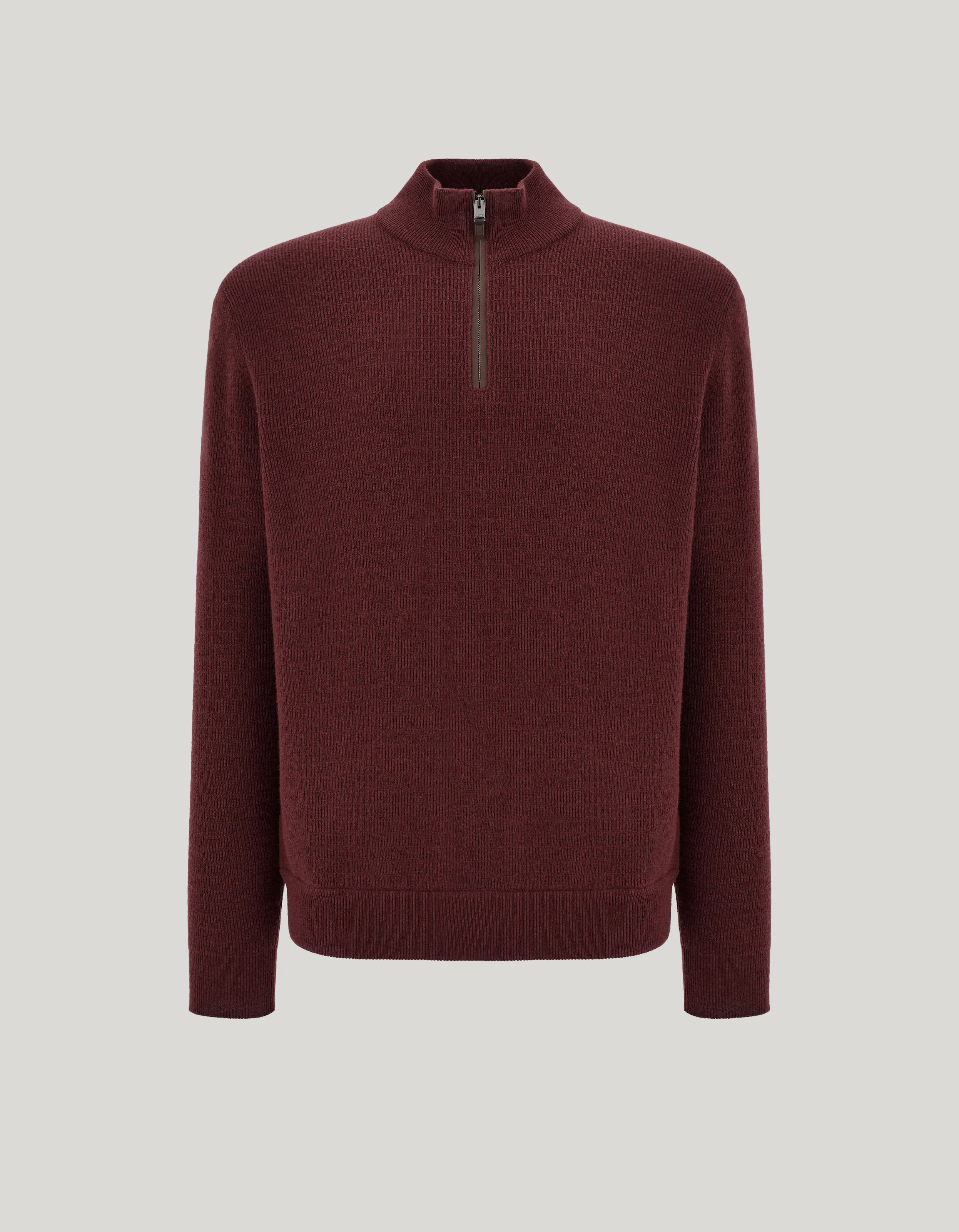 BURGUNDY WOOL AND CASHMERE ZIPPERED POLO SHIRT WITH NUBUCK DETAILS - 1