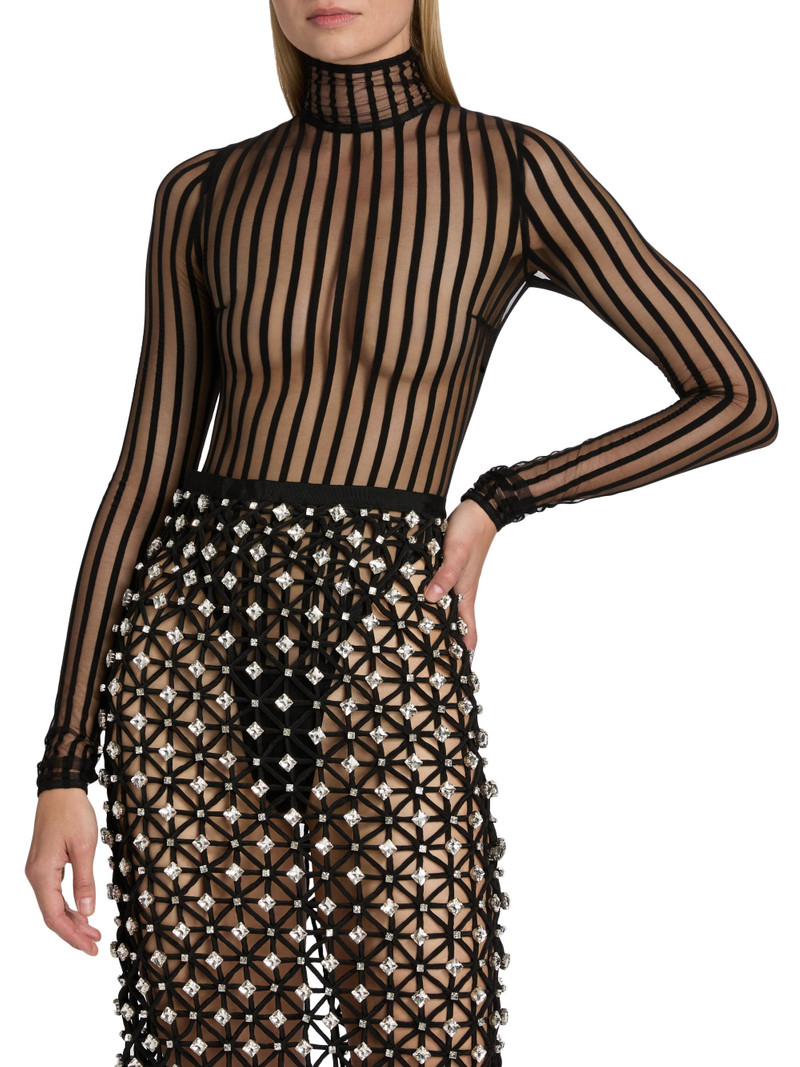 Women's Striped Sheer Turtleneck Bodysuit - Black 3