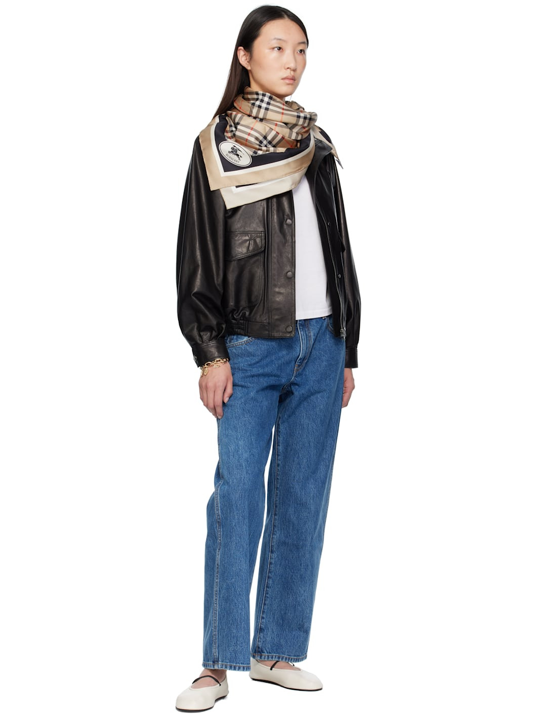 Beige Check Silk Scarf - 2