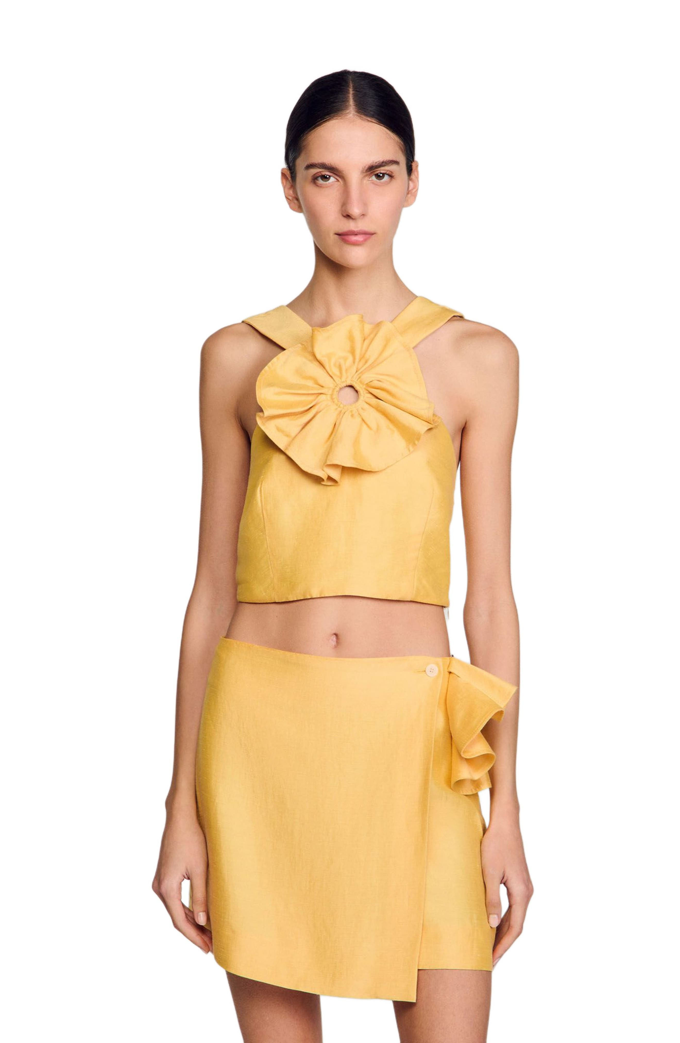 SANDRO Ruffled flower detailed crop top in Straw at Nordstrom - 3