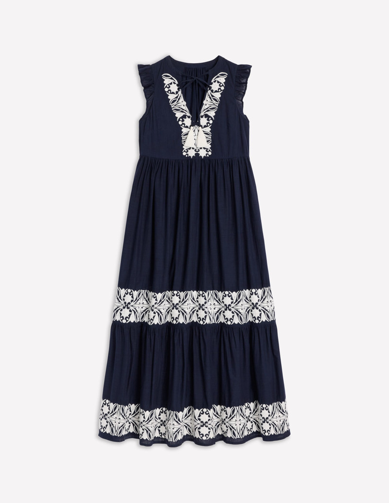 Tie Neck Tier Dress-Navy 1
