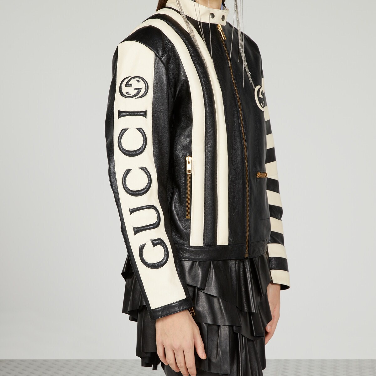 Goat leather biker jacket with Gucci script - 5