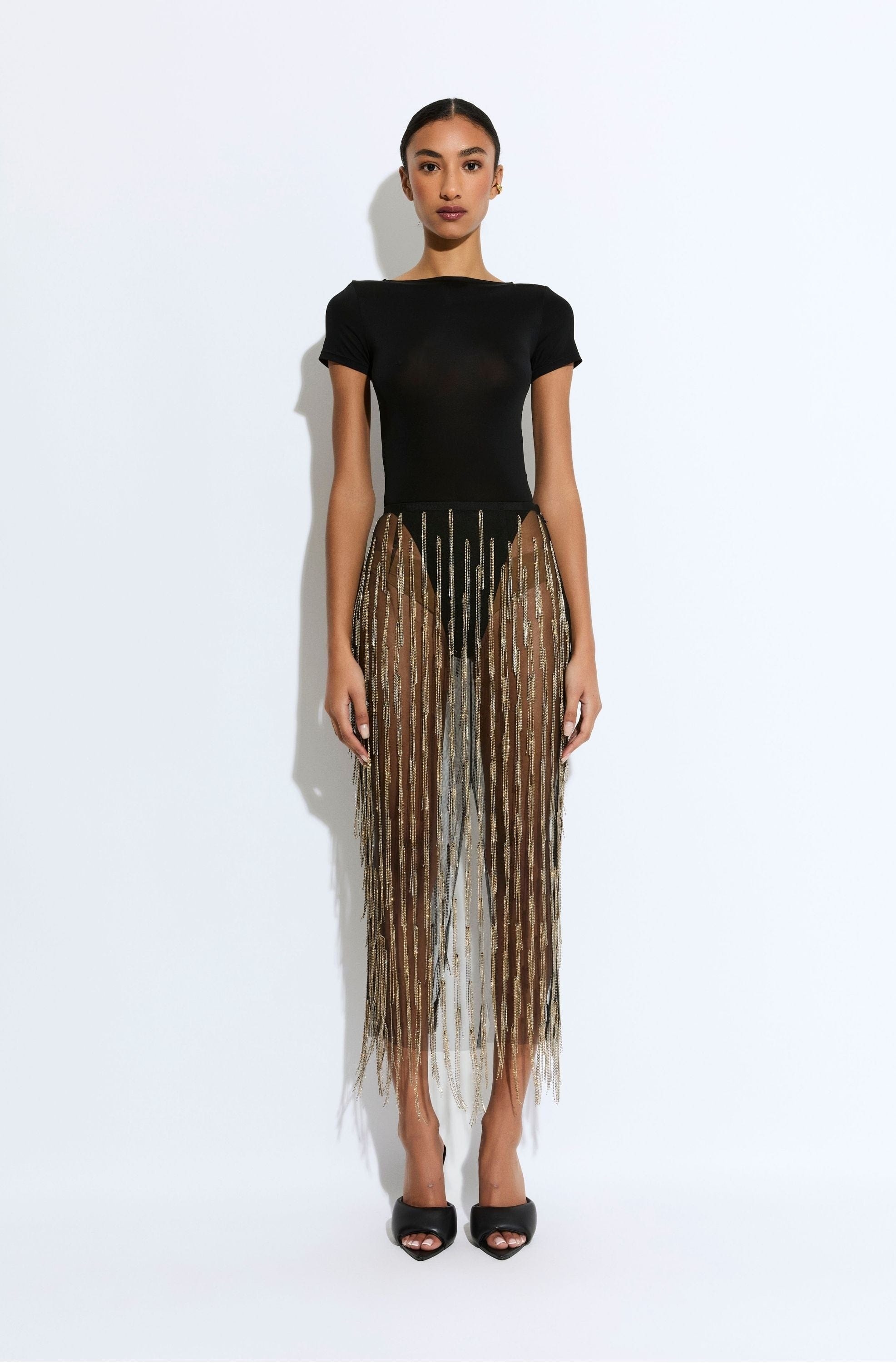 Rhinestone Fringe High Waist Skirt - 2