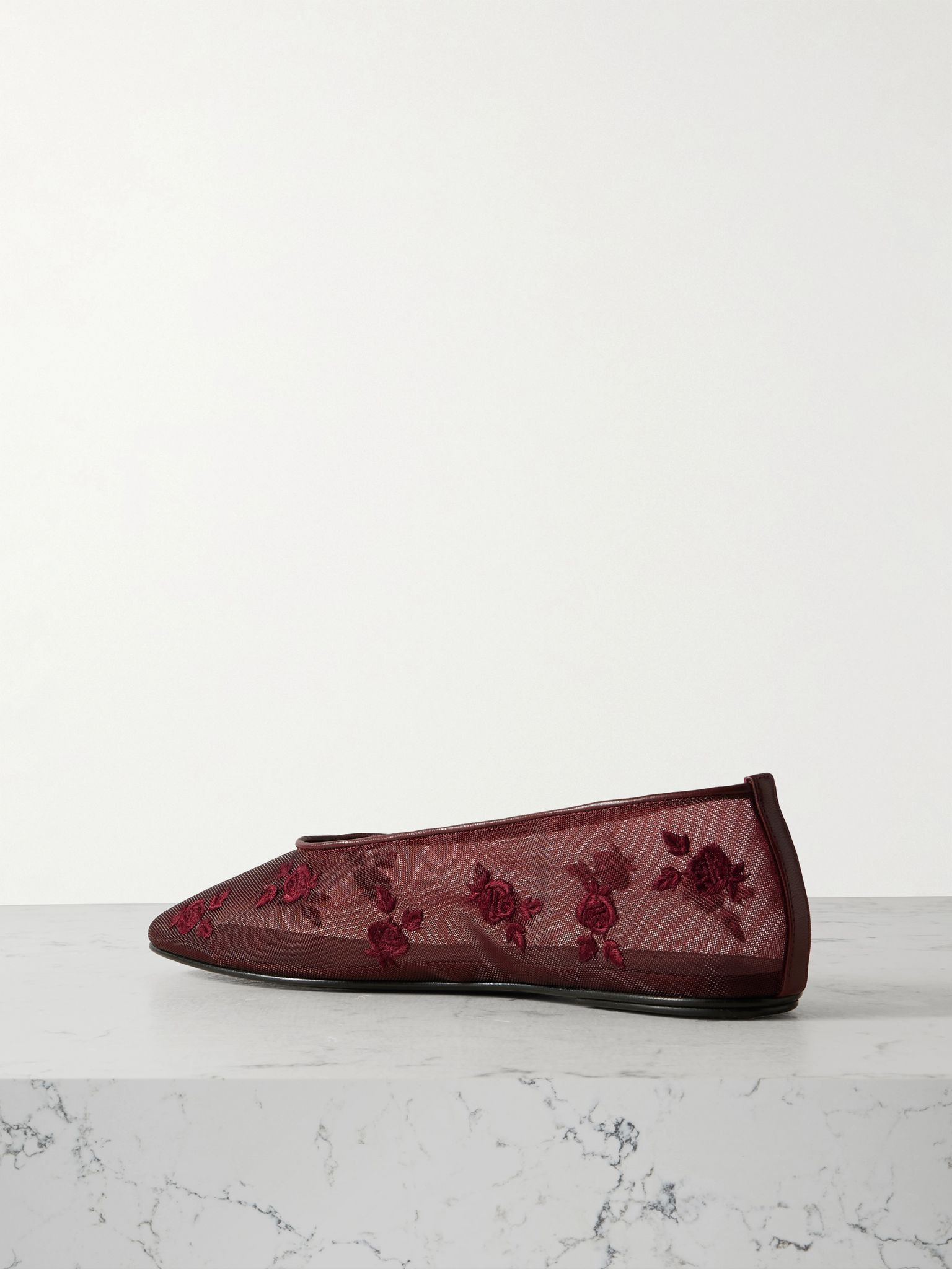 Leather-trimmed embroidered mesh ballet flats Burgundy - 3