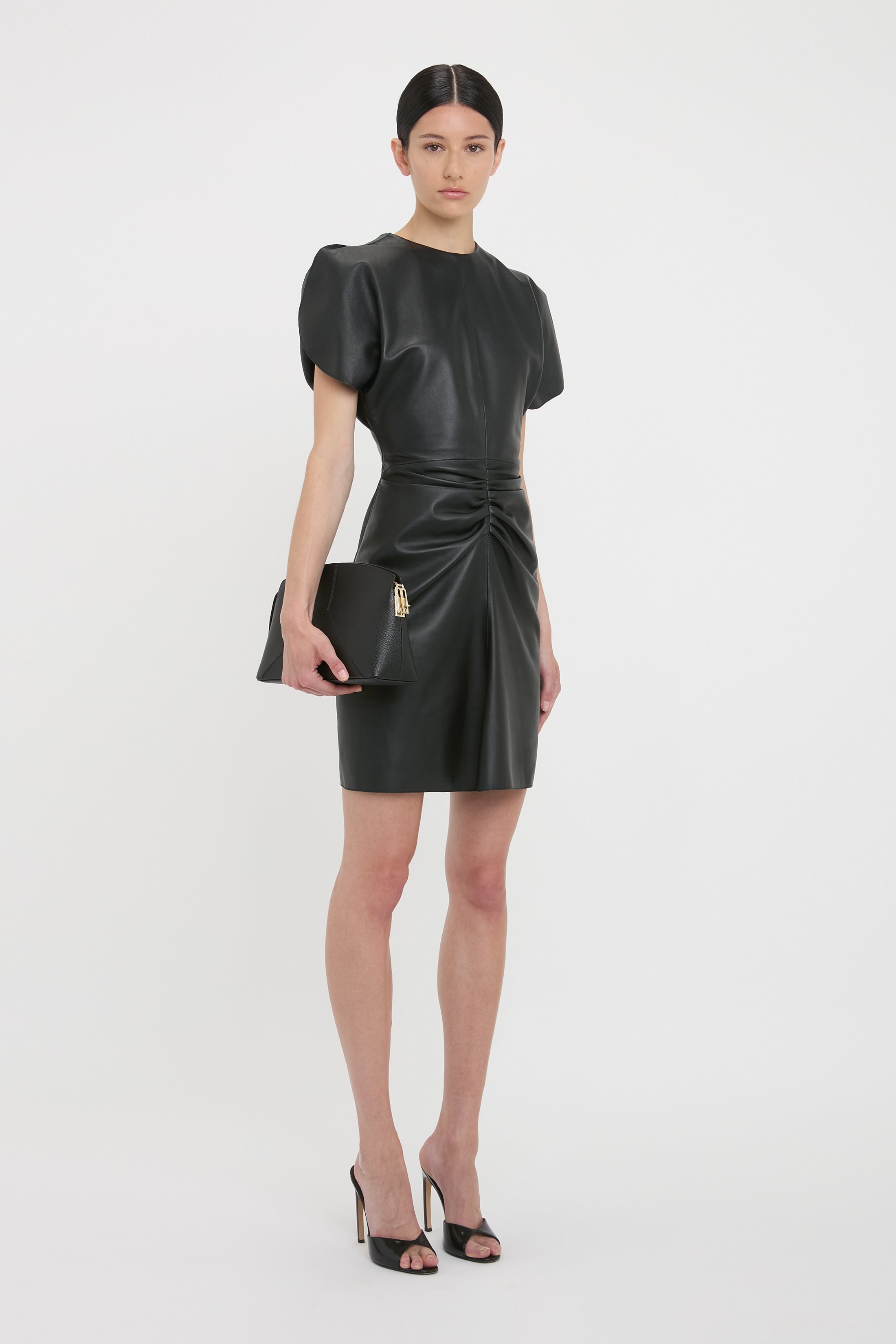 Gathered Waist Mini Dress In Soft Black Leather - 3
