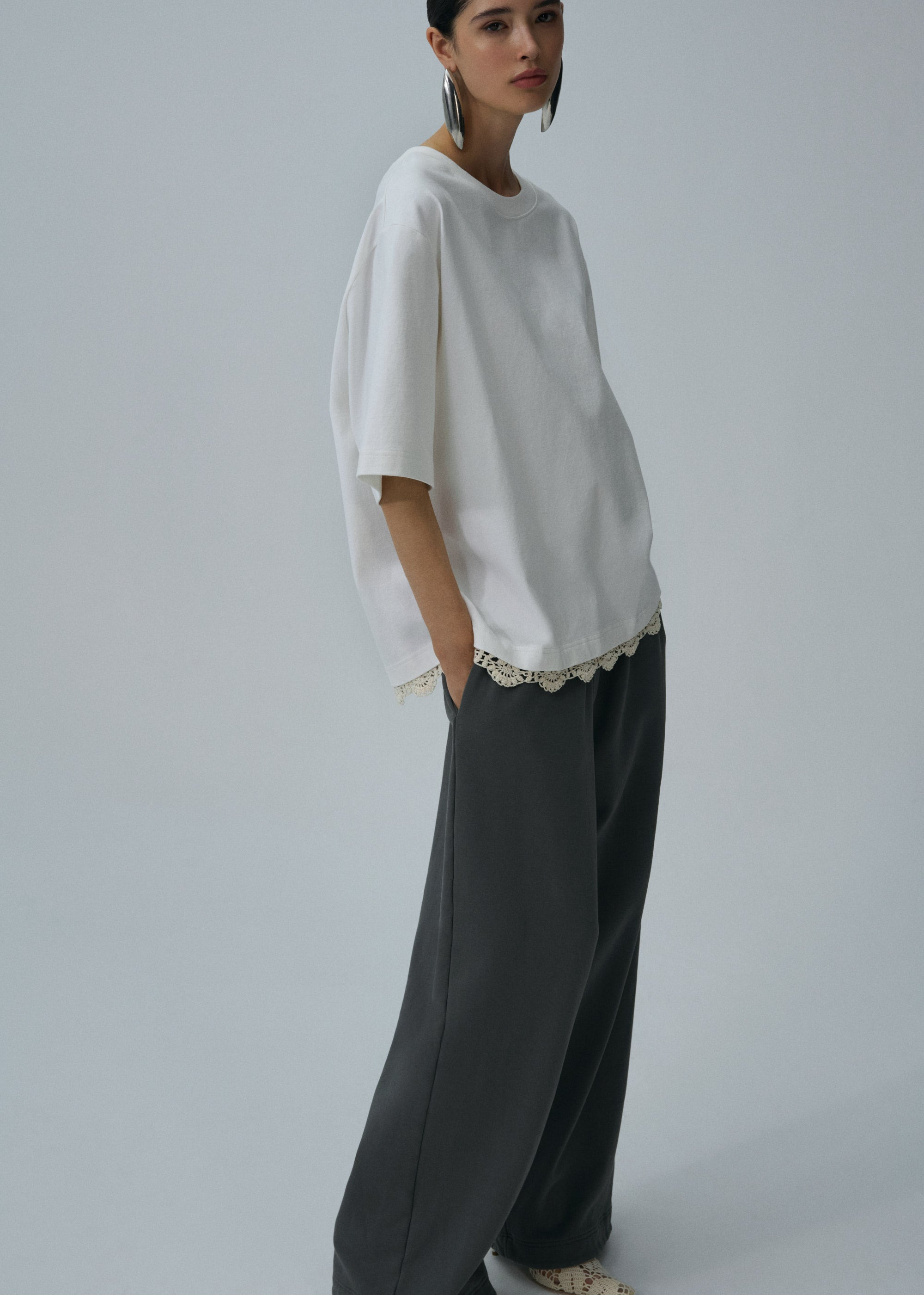 Lace detail oversized heavy t-shirt in white - 3