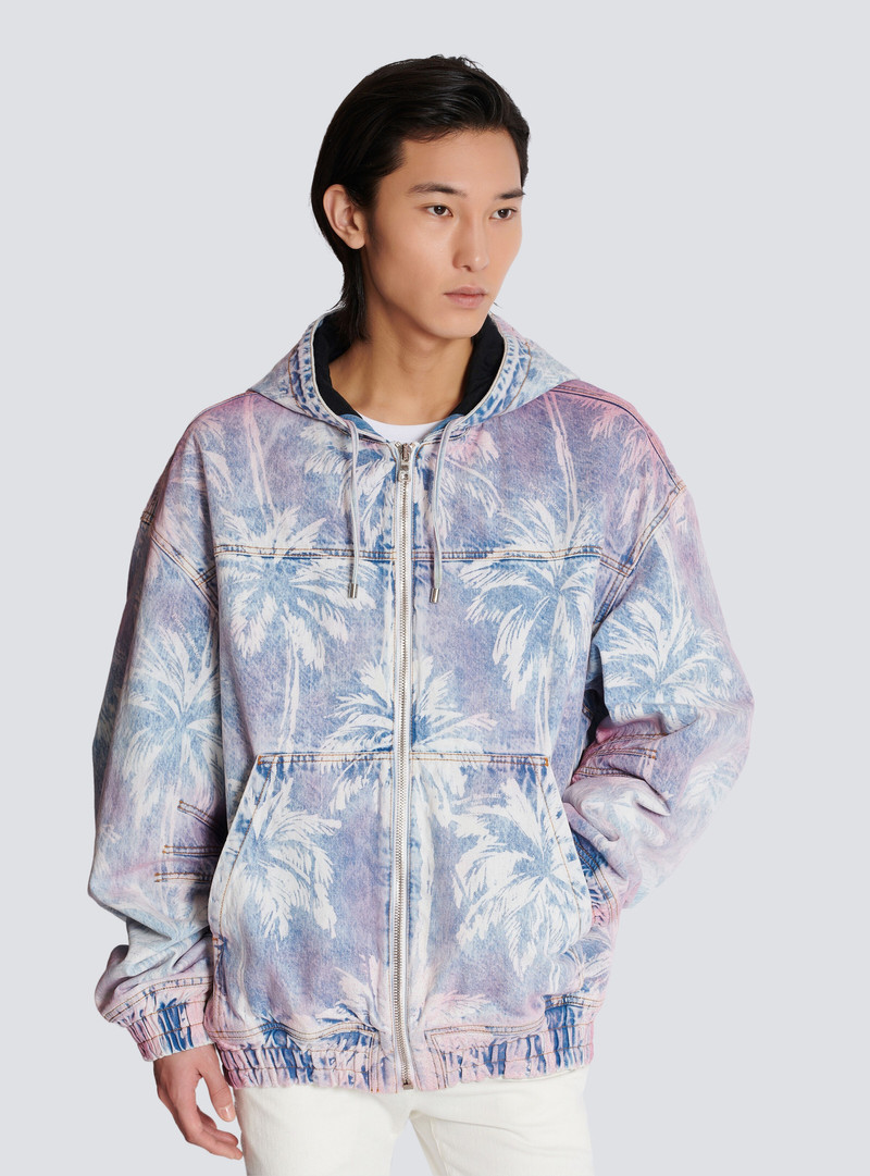 Denim hooded bomber jacket with palm tree print 6