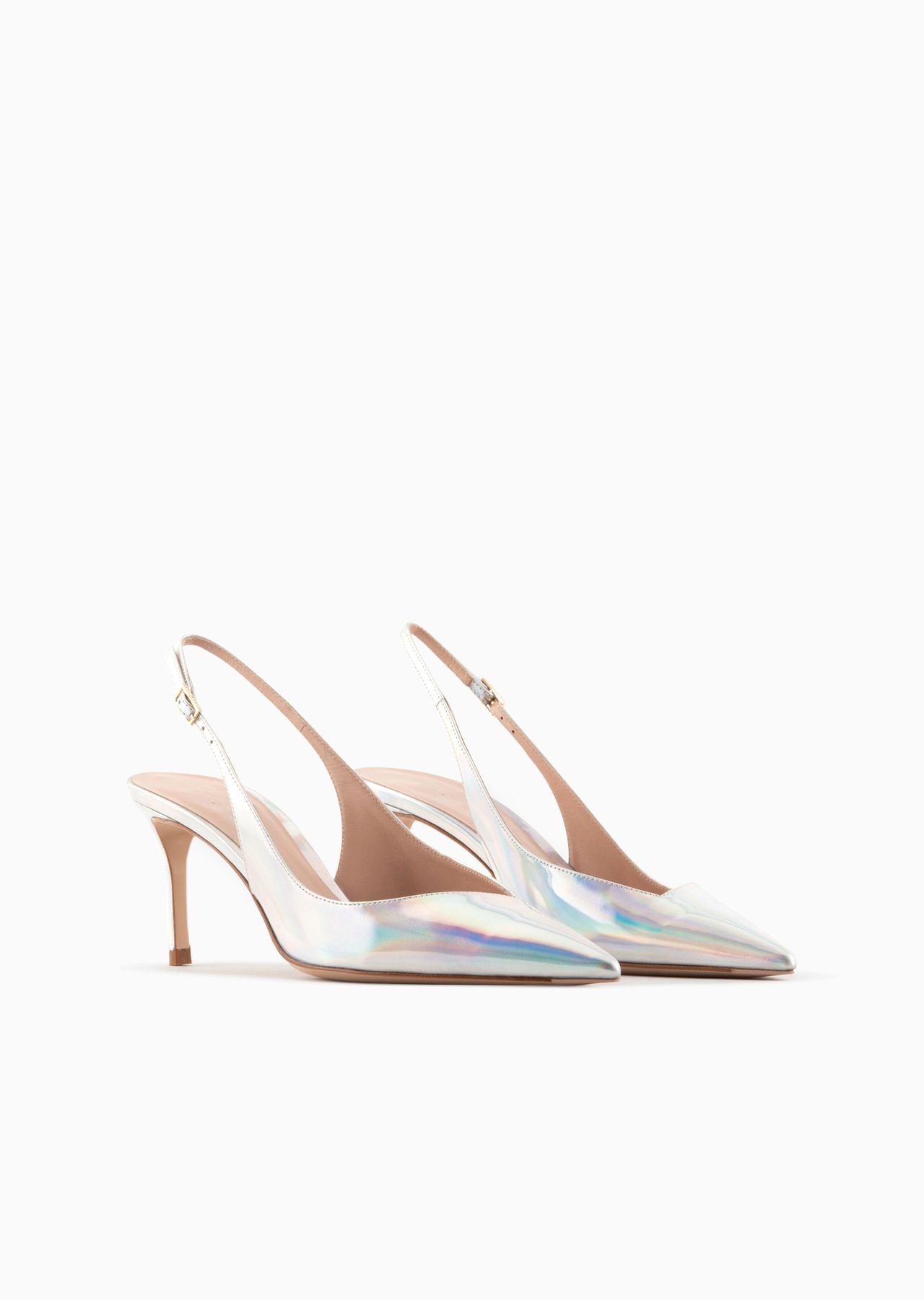 Iridescent leather heeled slingbacks with asymmetric collar - 2
