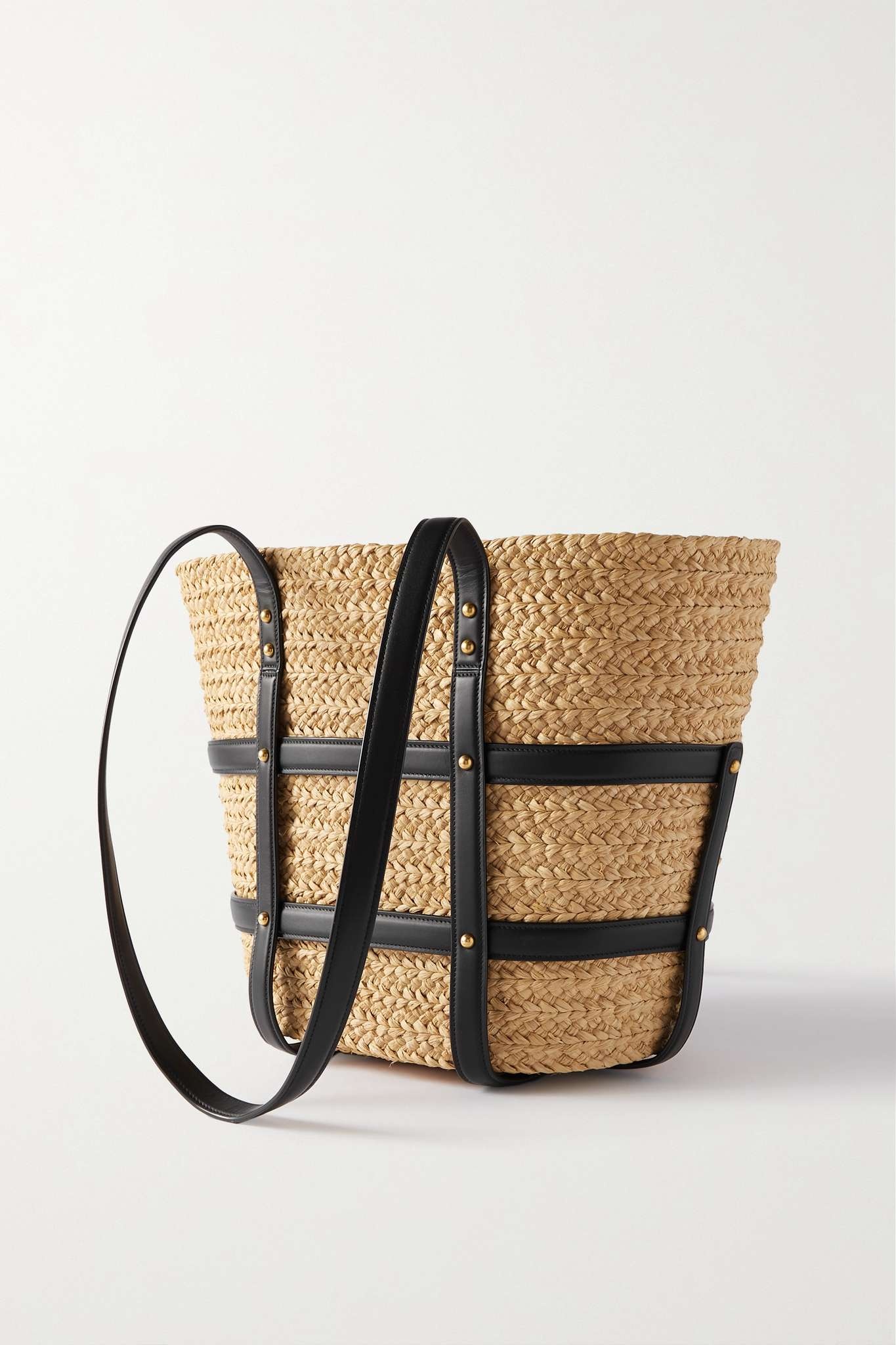 Panier studded leather-trimmed woven raffia tote - 3