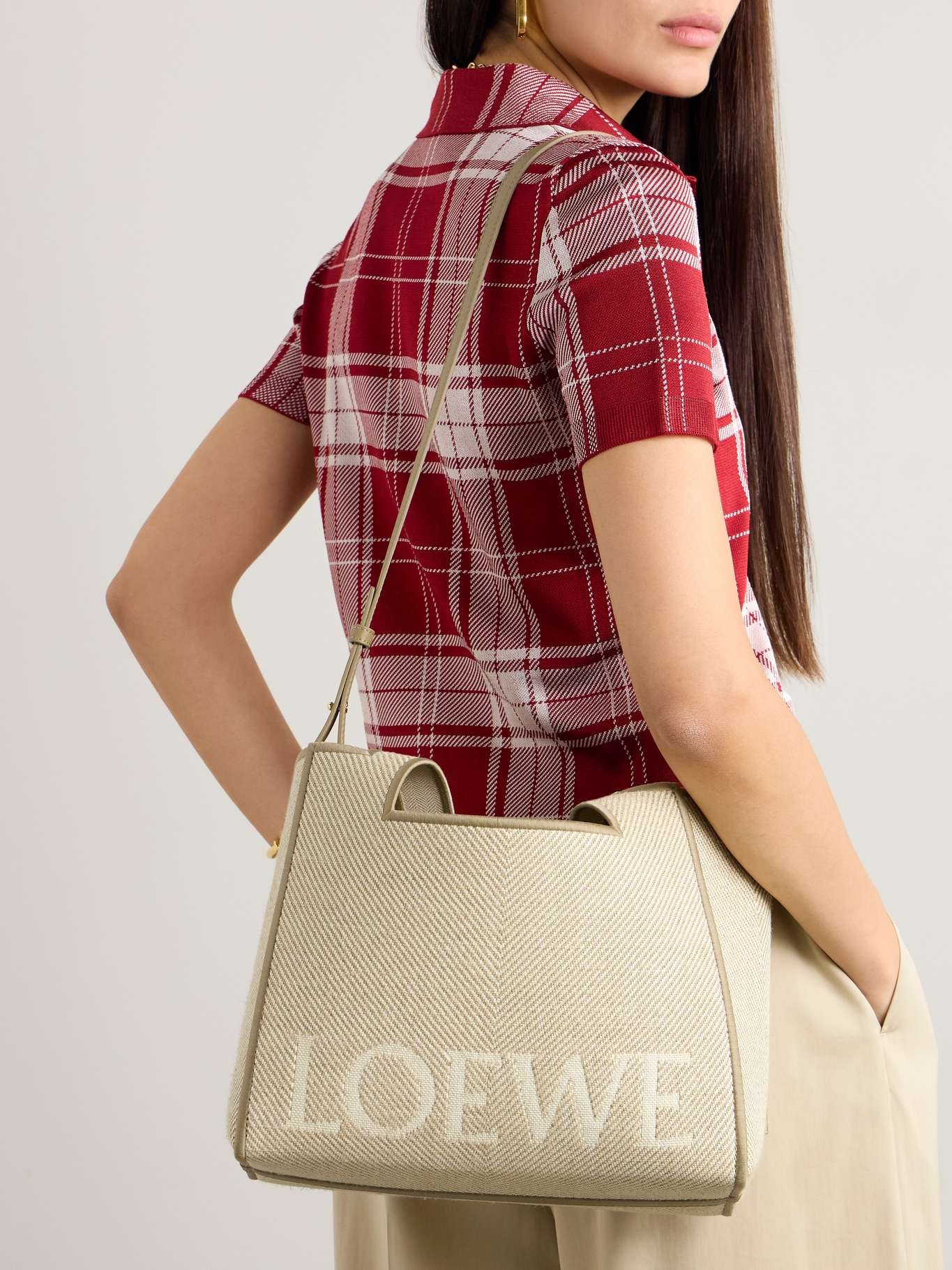 Font medium embroidered leather-trimmed canvas-jacquard tote - 6