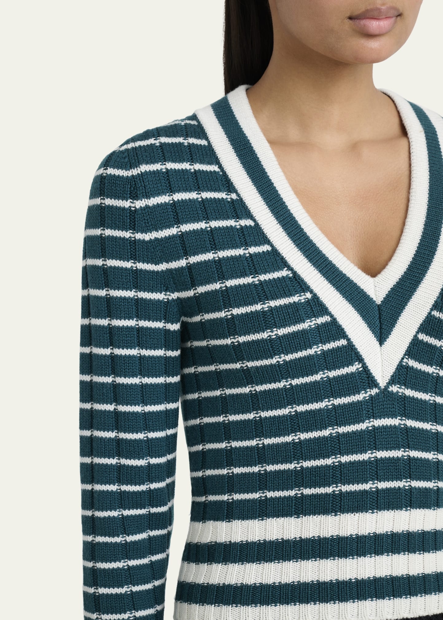 V-Neck Striped Merino Knit Sweater - 5