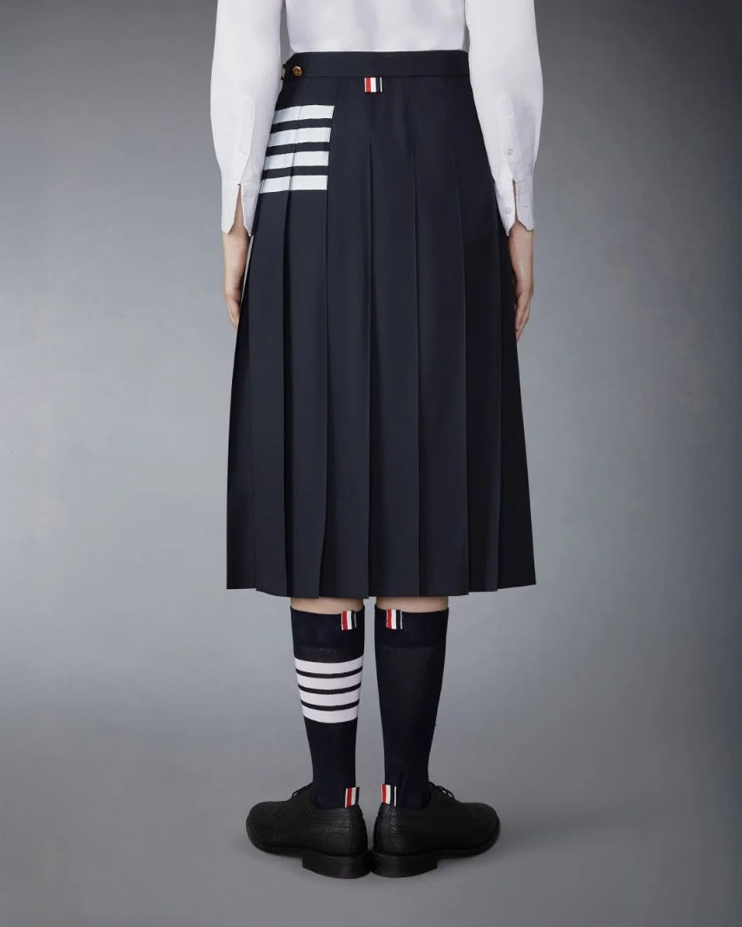 NAVY WOOL PLAIN WEAVE PLEATED 4-BAR SKIRT - 4