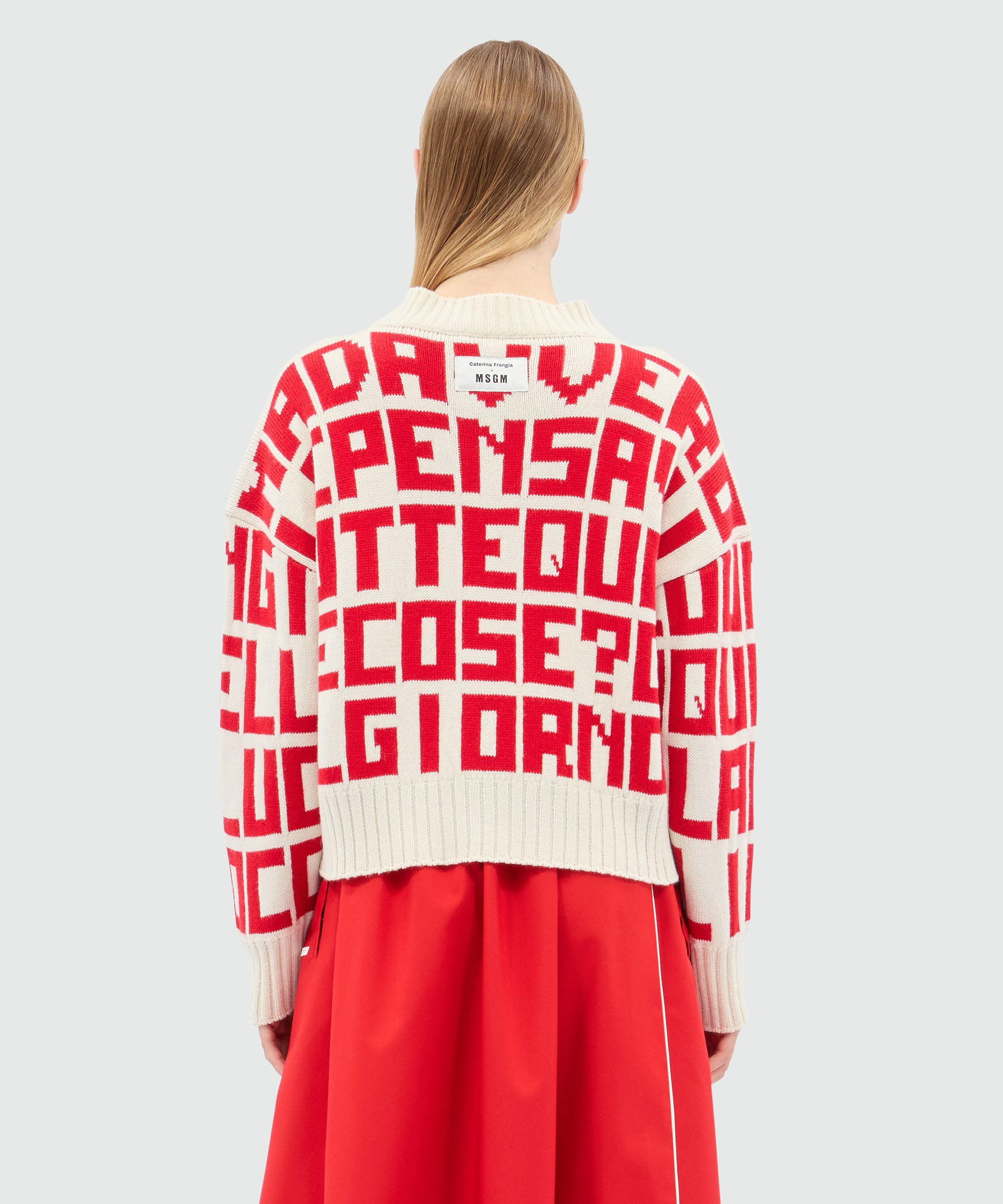 Caterina Frongia x MSGM cream sweater with red jacquard quotes - 3