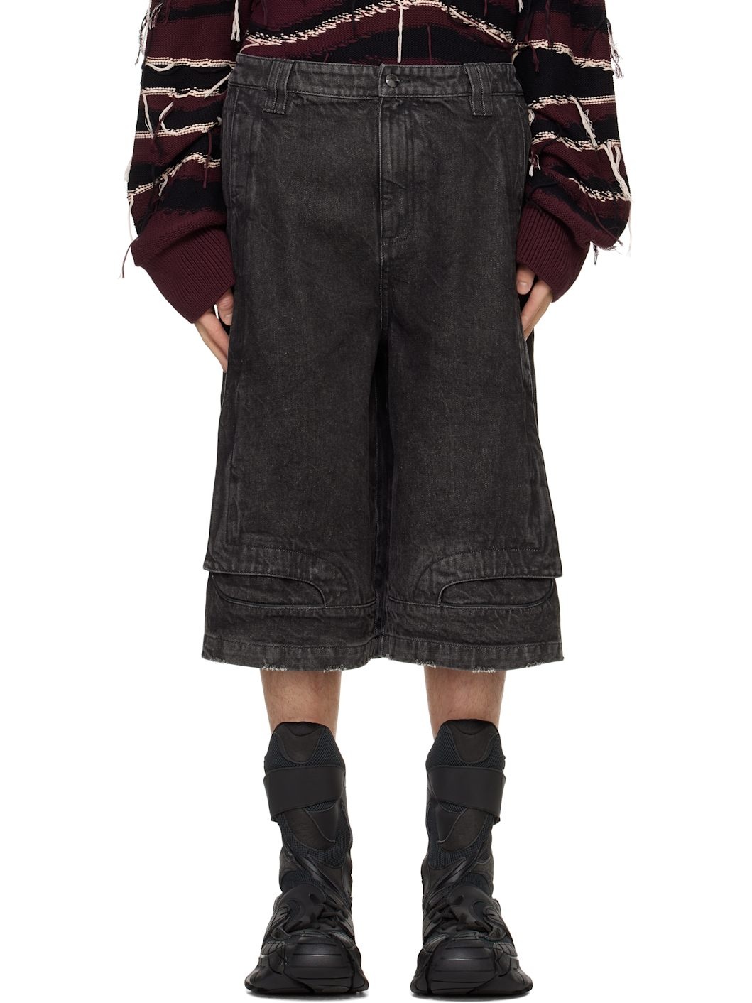Black Sean Distressed Stain Denim Shorts - 1