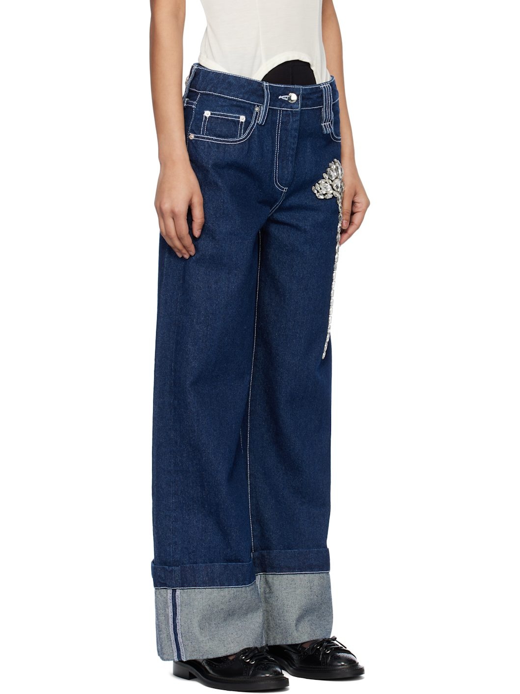 Blue Embellished Carnation Boyfriend Jeans - 2