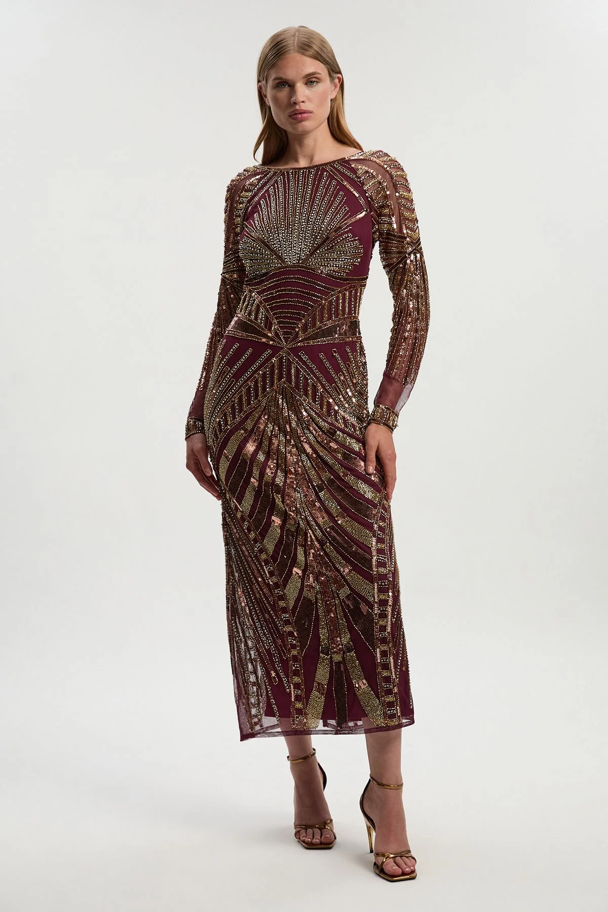 Petite Premium Mirrored Crystal Embellished Woven Long Sleeve Column Dress - 1