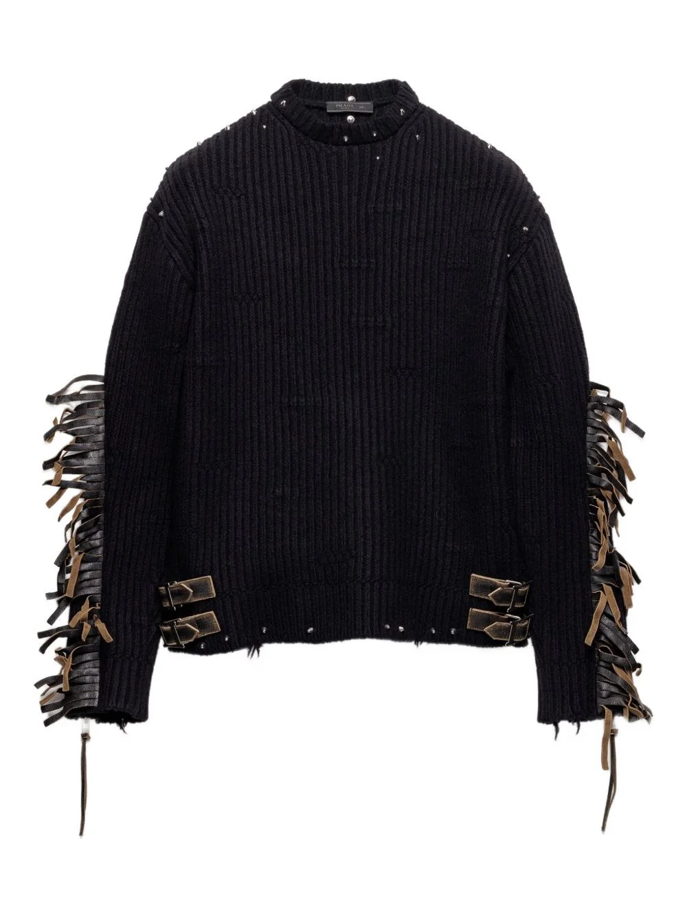 wool crew-neck sweater with fringe and studs - 1