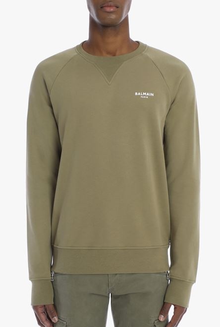 Olive sustainable cotton sweatshirt with small white velvet Balmain Paris logo - 5