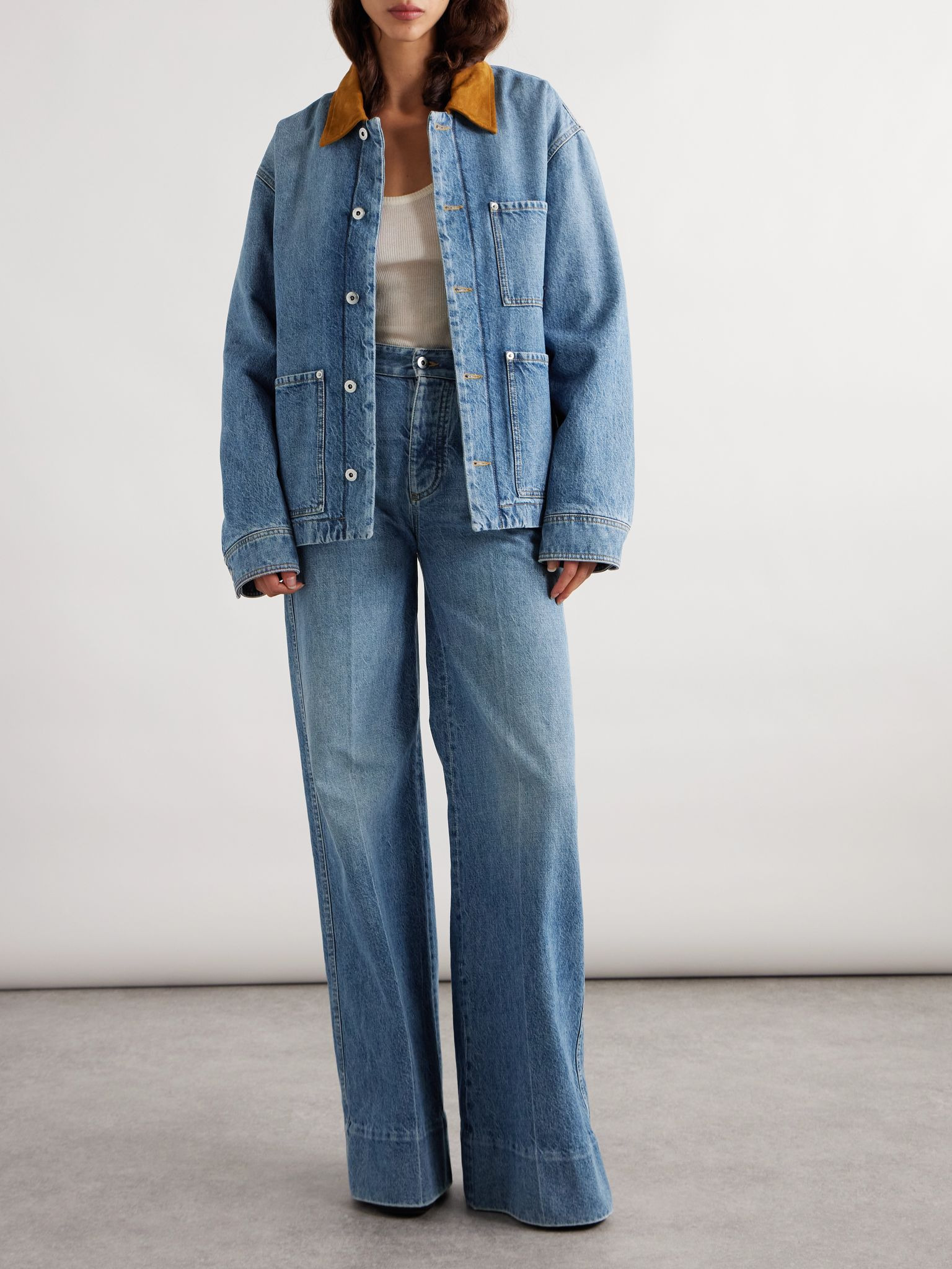 Appliquéd suede-trimmed denim jacket Mid denim - 2