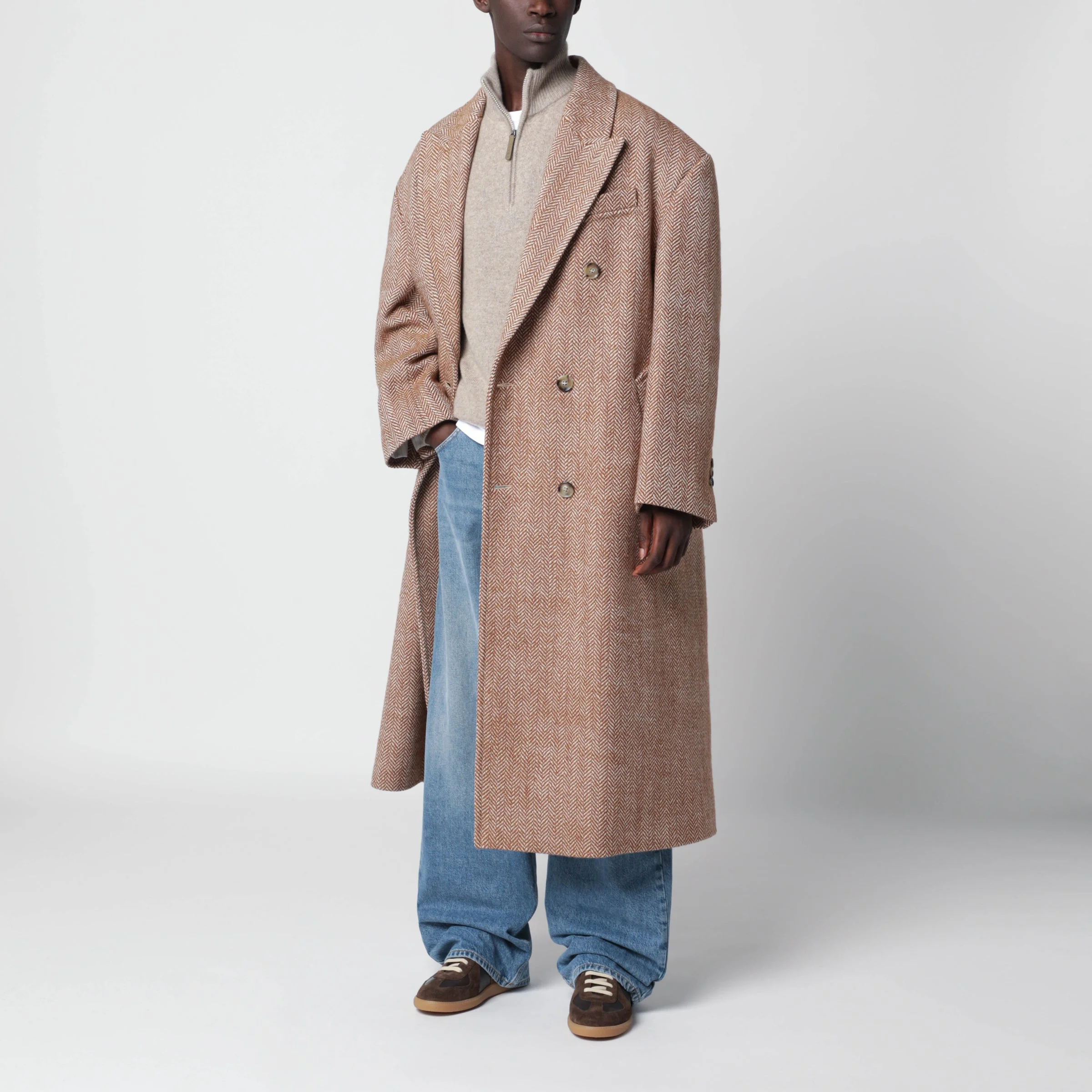 Long brown and ivory herringbone wool coat - 1