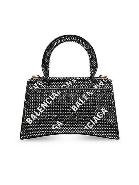 Balenciaga Hourglass XS Handbag With Chain and Allover Logo Rhinestones  Black in Calfskin Leather/Crystals with Aged-Silver Hardware - US