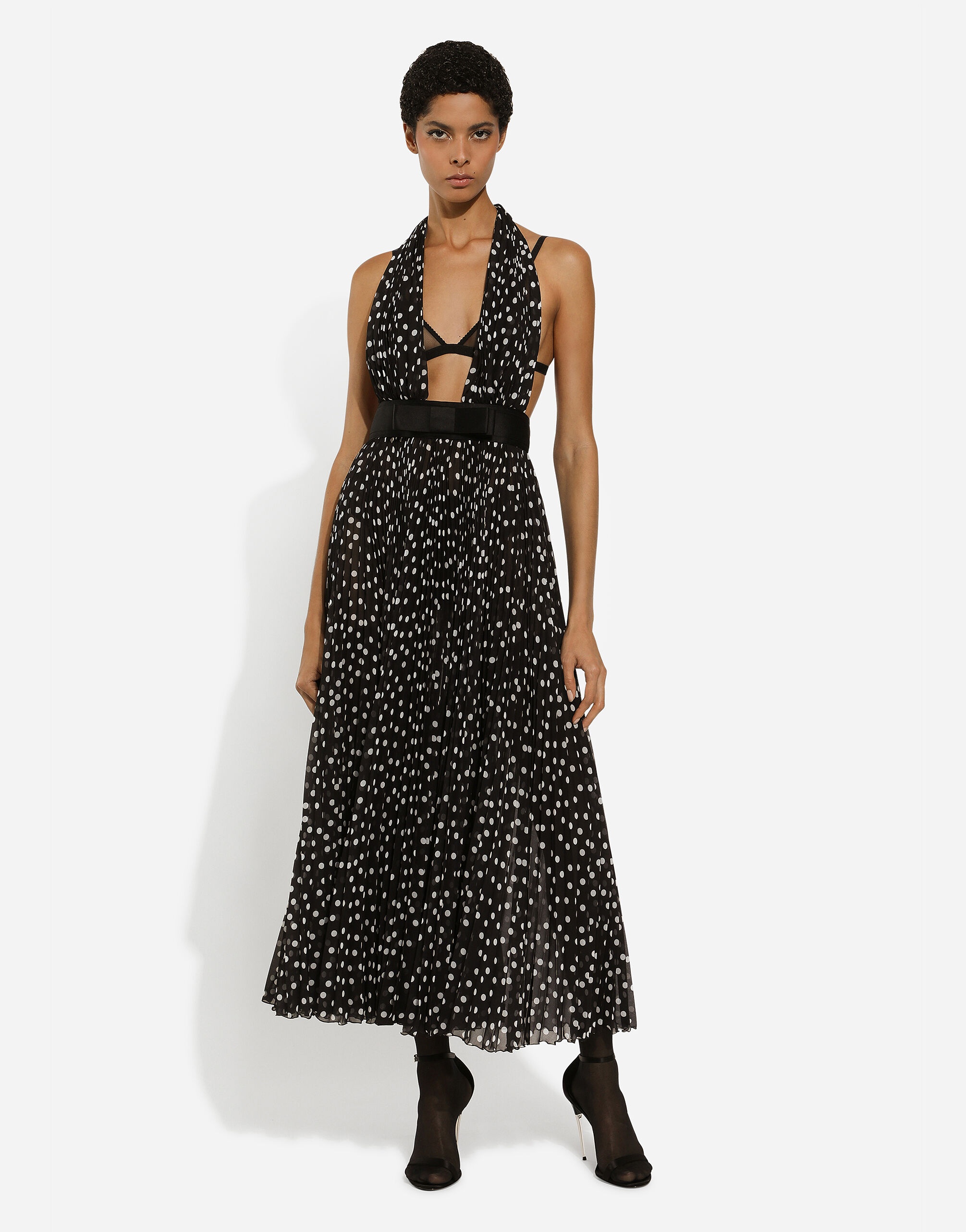 Chiffon calf-length dress with plunging neckline and polka-dot print - 4