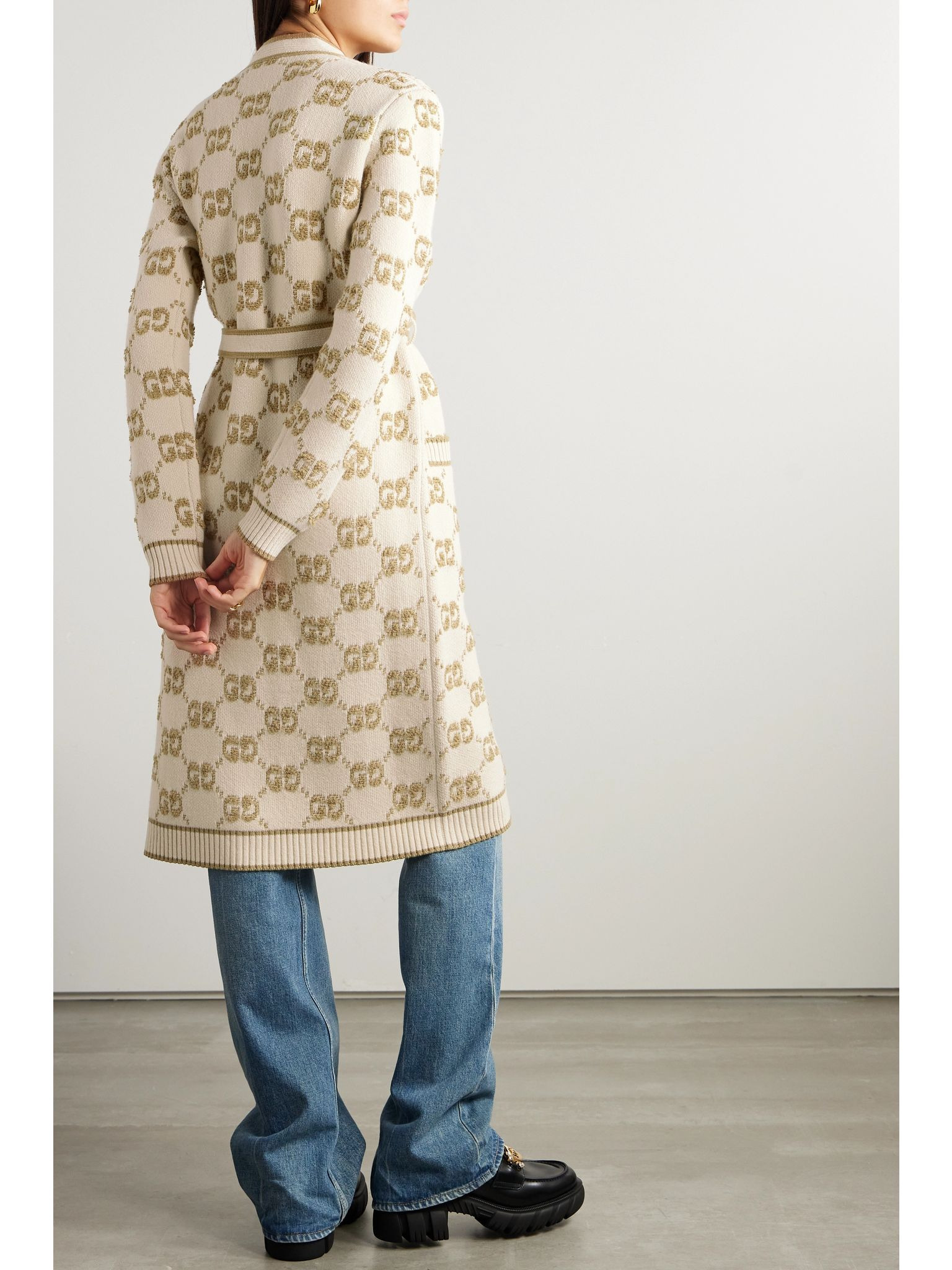 Belted wool-jacquard cardigan Camel - 4