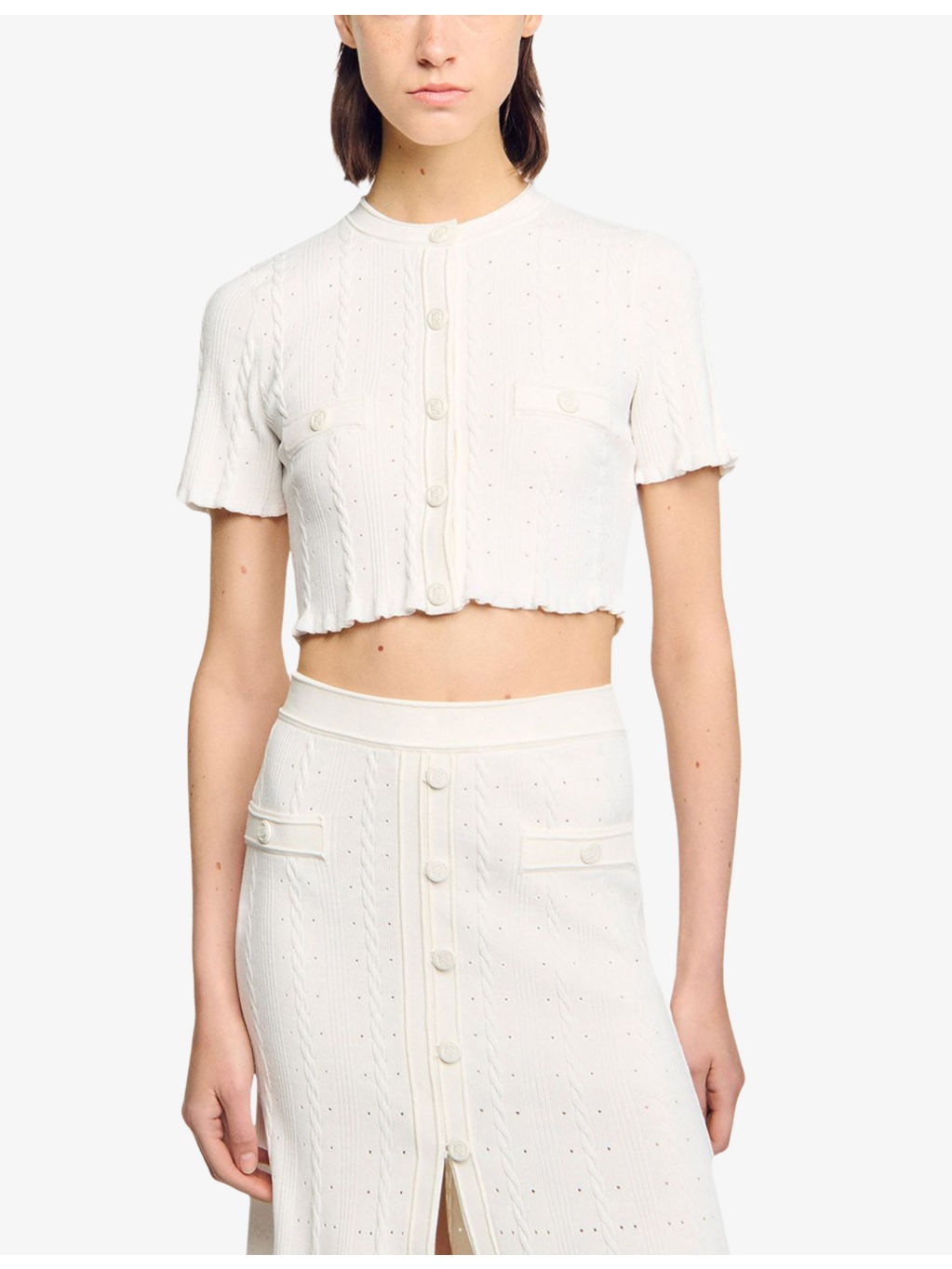 Cropped Pointelle-Texture Knitted Top - 3