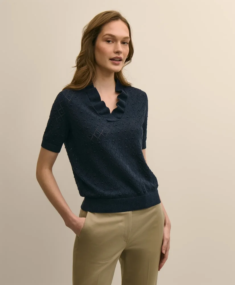Cotton Viscose Short-Sleeve Ruffle Sweater - 1