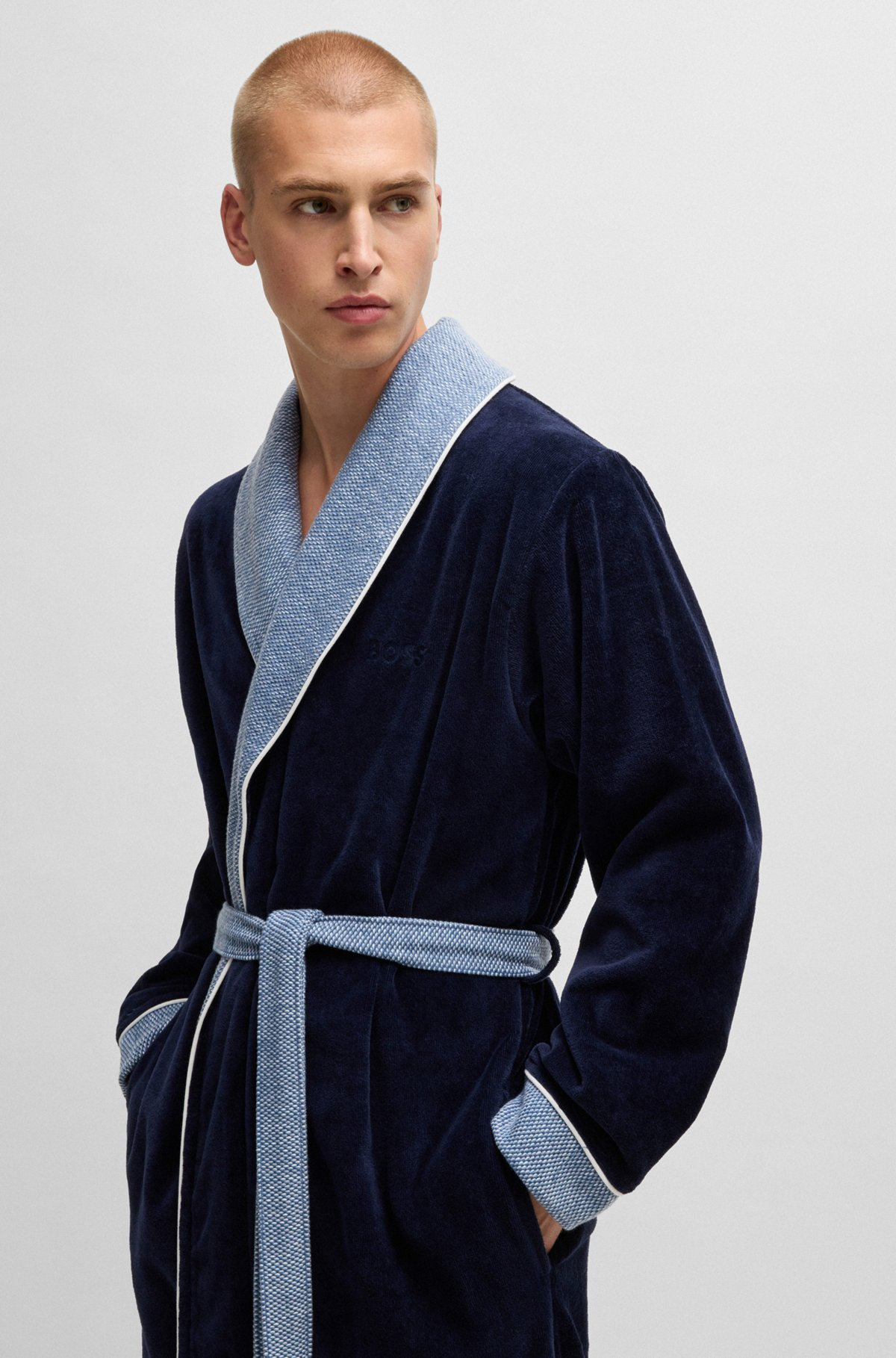 NAVY COTTON-VELVET DRESSING GOWN WITH EMBROIDERED LOGO - 7