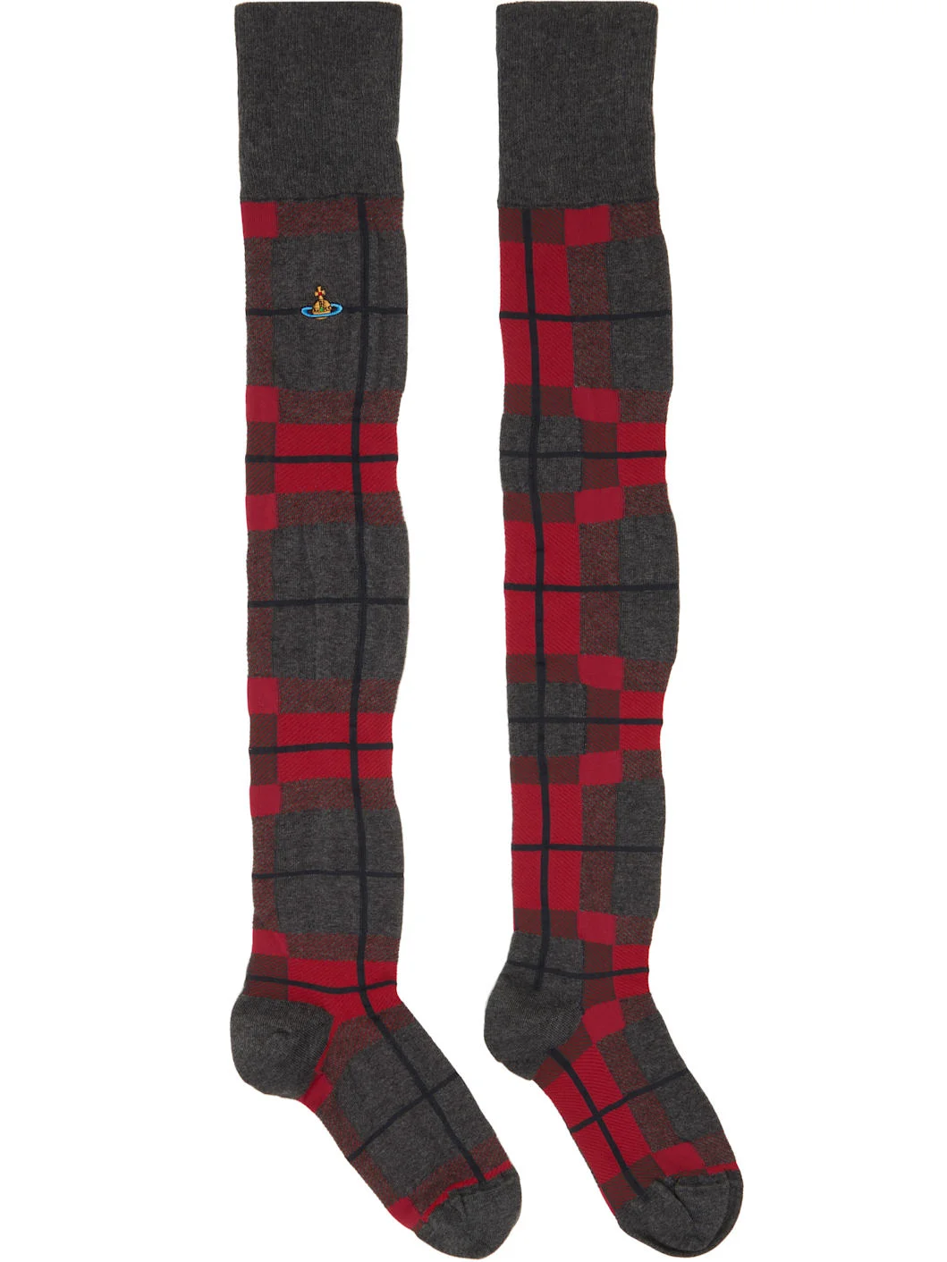 Gray & Red Locharron Over The Knee Socks - 1