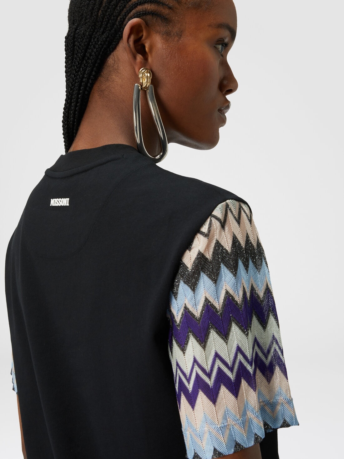 Cotton jersey T-shirt with zig zag knit sleeves - 5