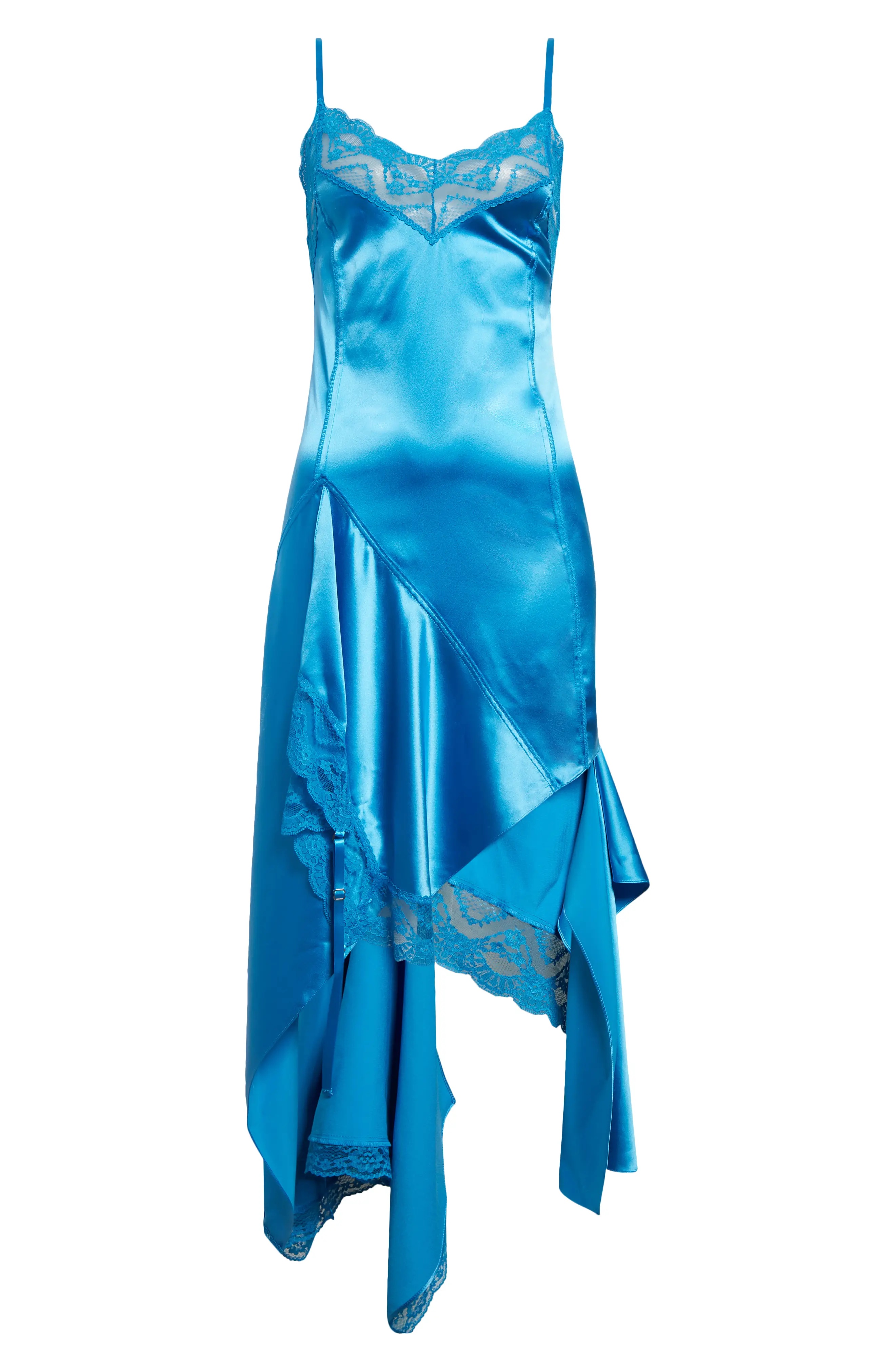Lace Trim Asymmetric Silk Satin Midi Dress - 5