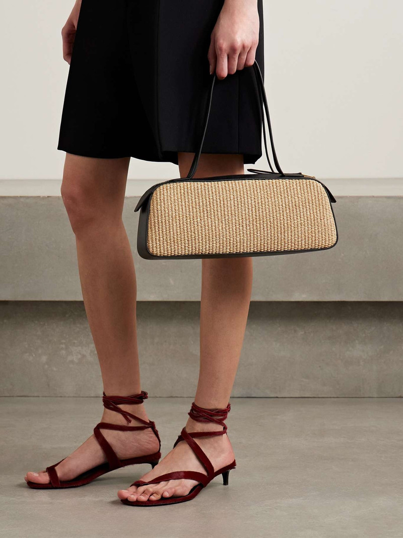 KHAITE Simona leather-trimmed raffia shoulder bag Neutral outlook