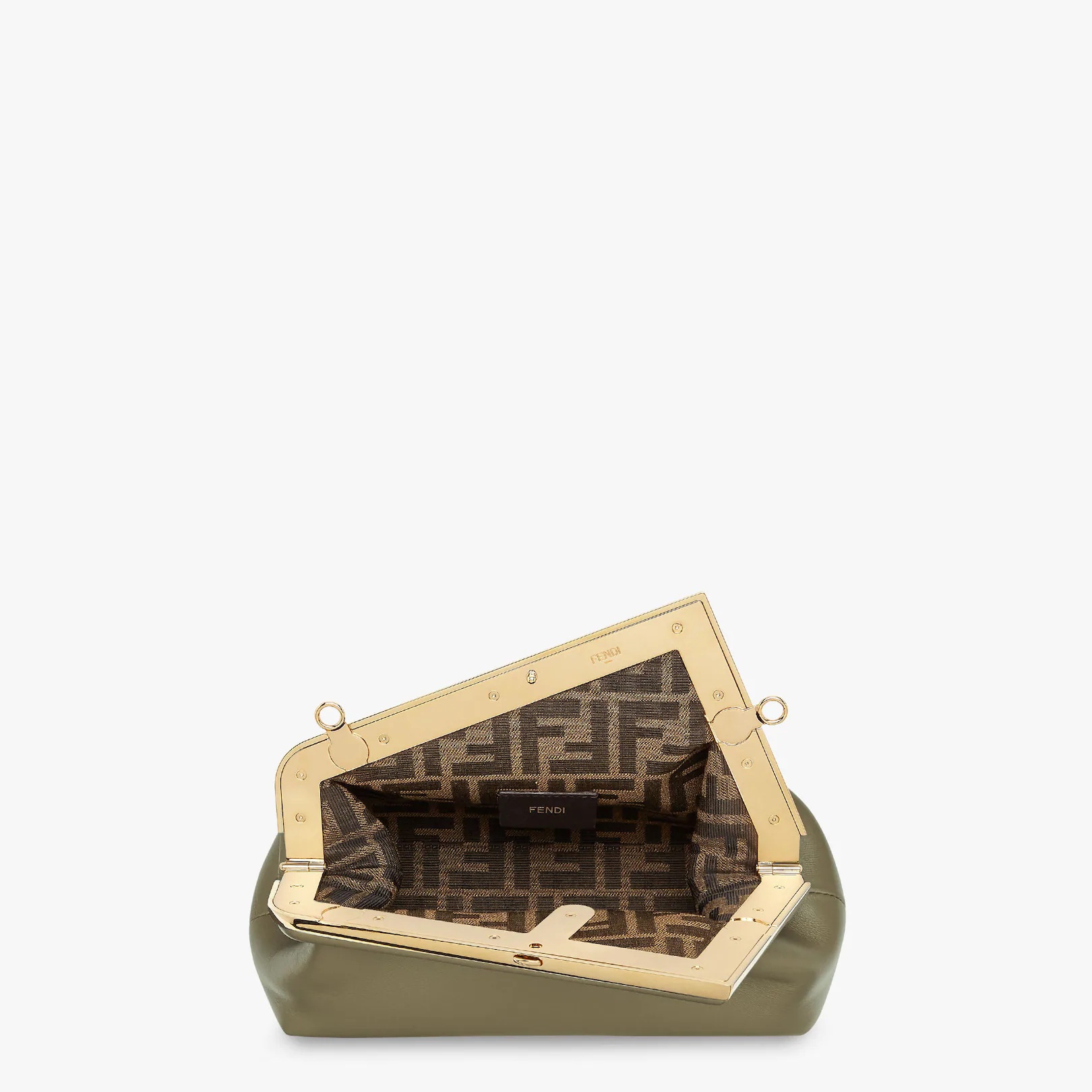 Small Fendi First bag made of soft, dark green nappa leather with oversized metal F clasp bound in t - 4