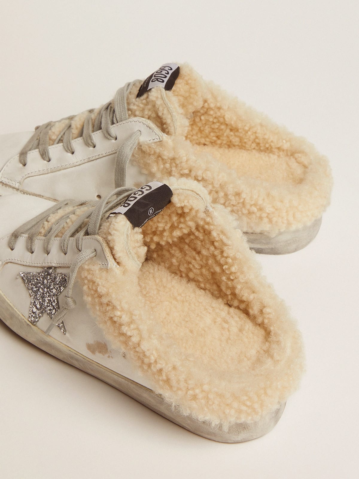 Super-Star Sabots in white leather with silver glitter star and shearling lining - 4