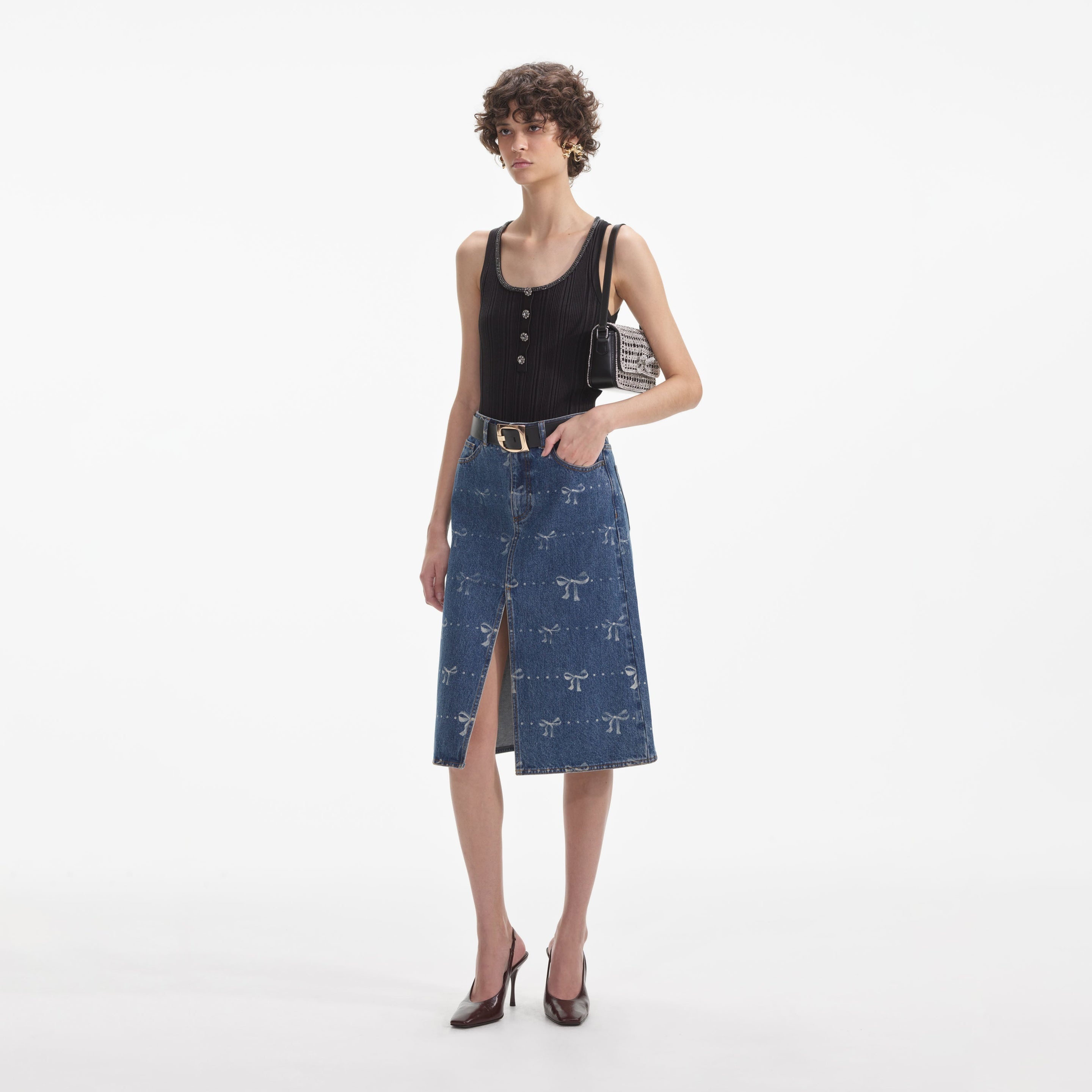 Bow Print Denim Midi Skirt - 2