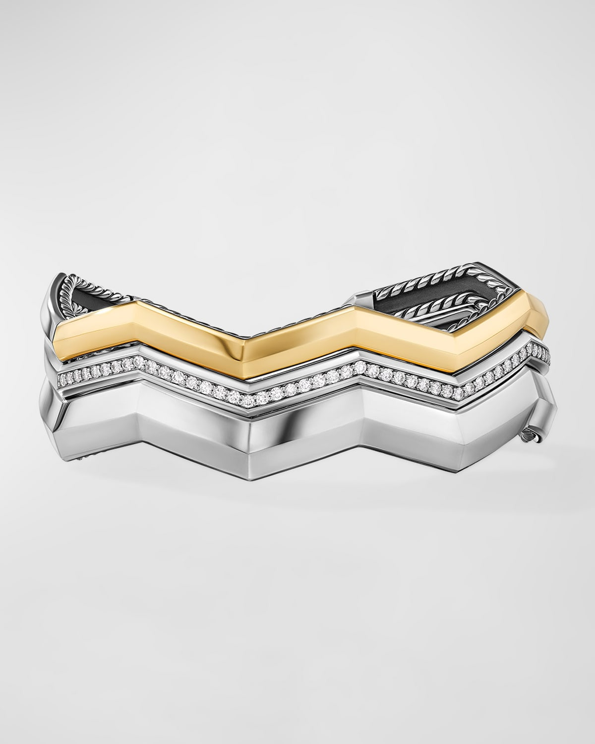 Zig Zag Stax Three Row Cuff Bracelet with Diamonds in 18K Gold and Silver, 17mm - 1