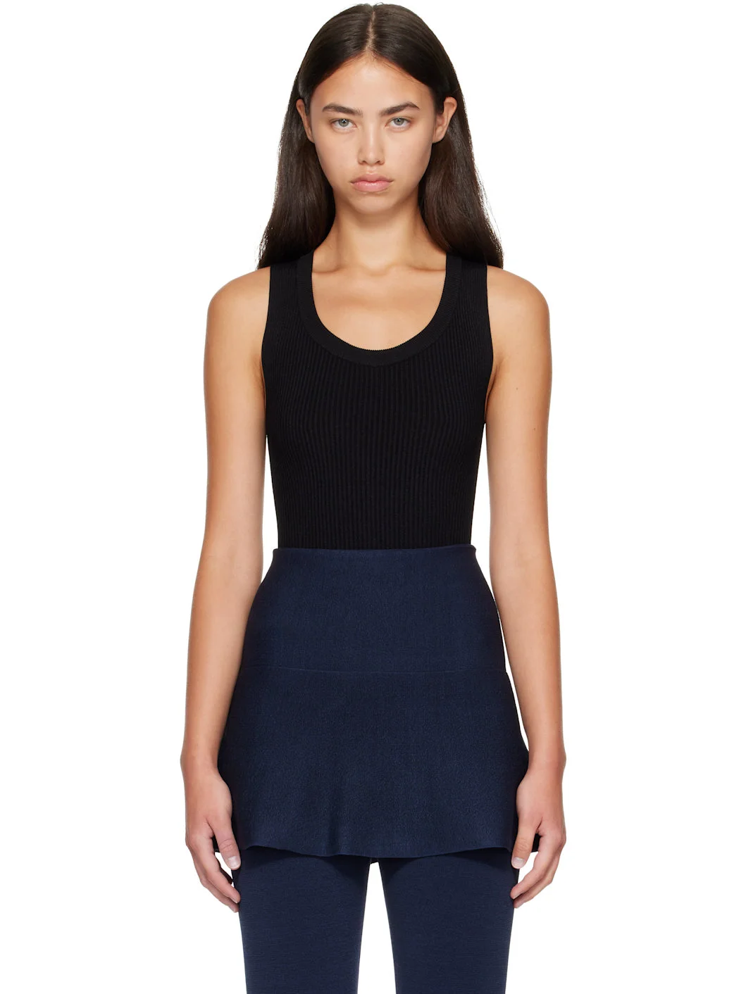 Black Sleeveless Ribbed Knit Bodysuit - 1