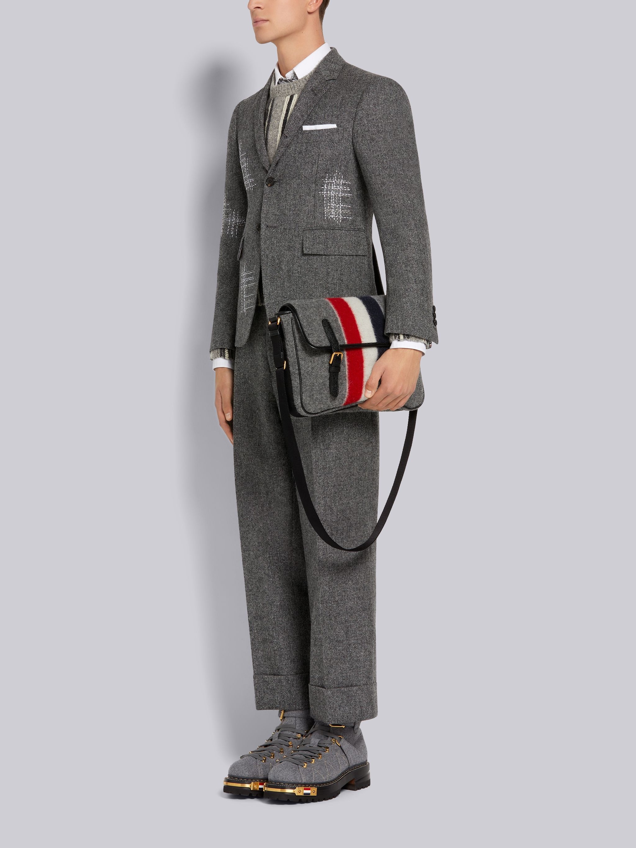 Medium Grey Boiled Wool Stripe Hunting Messenger Bag - 6