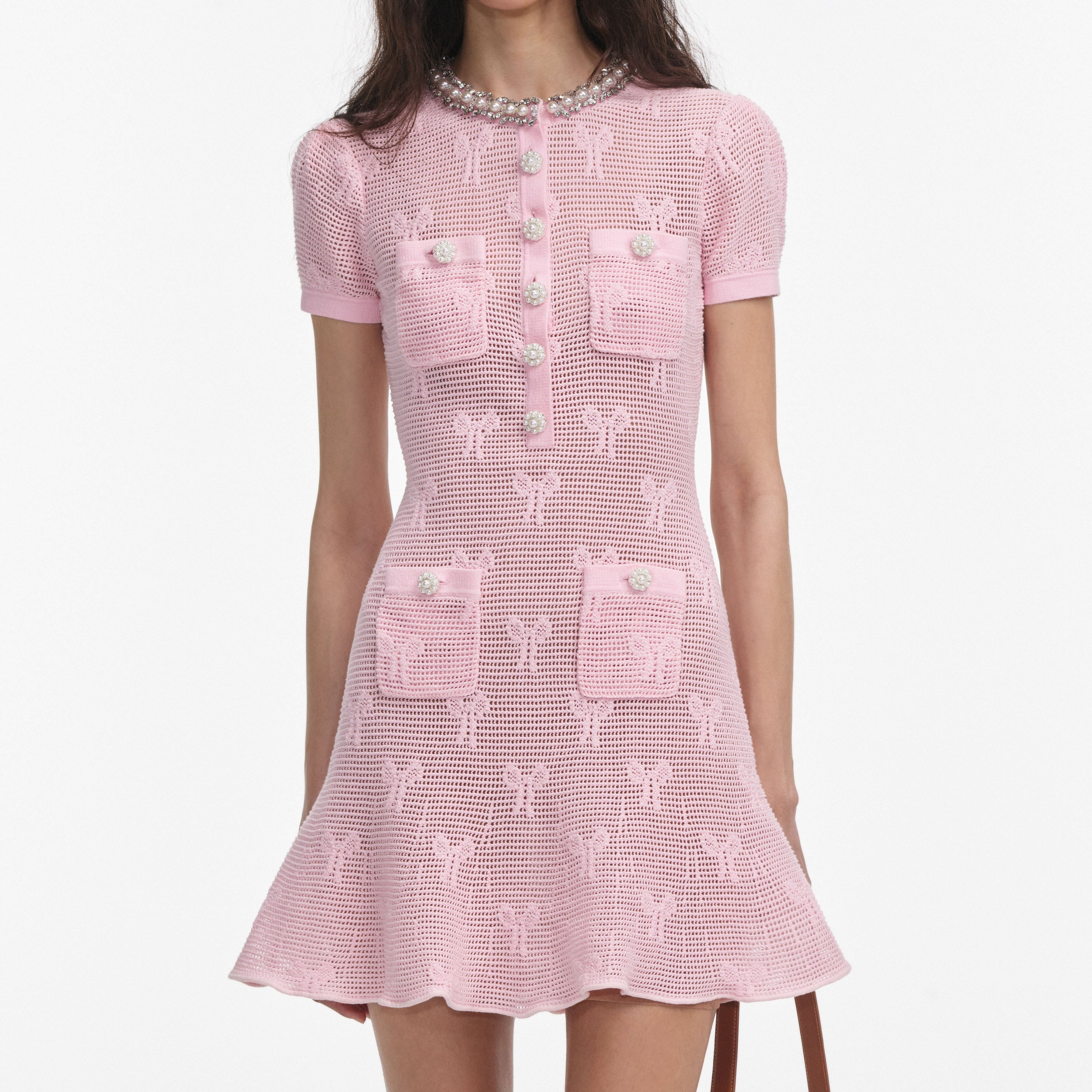 Pink Bow Crochet Crystal Trim Mini Dress - 4