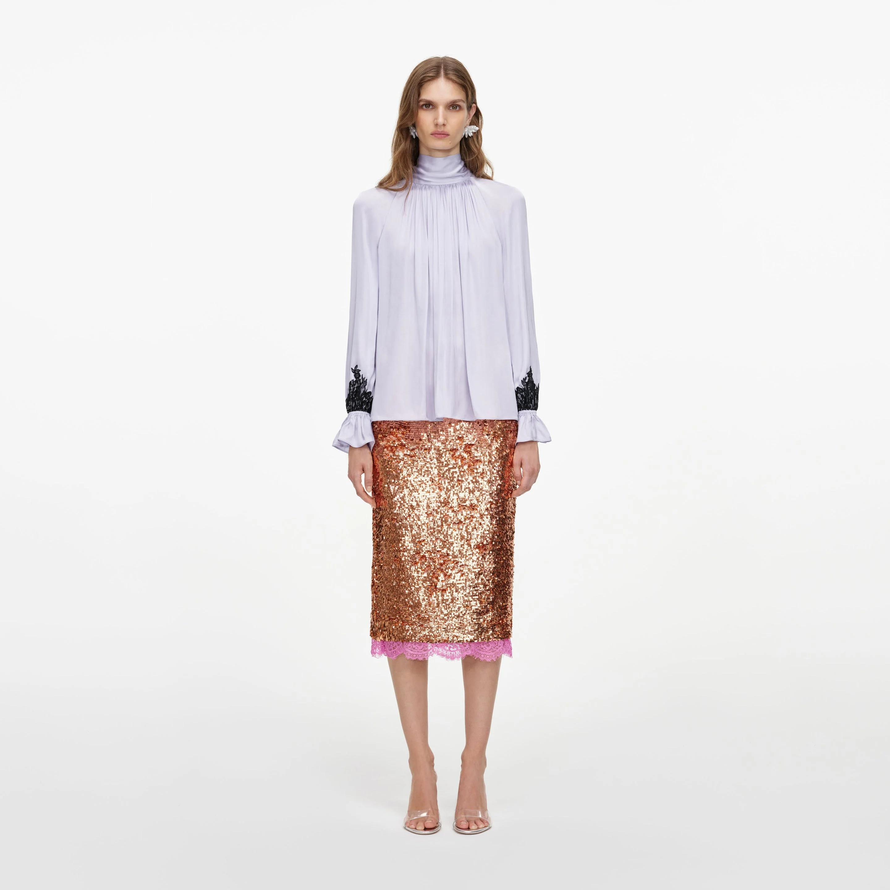 Lilac Viscose Contrast Lace Blouse - 1
