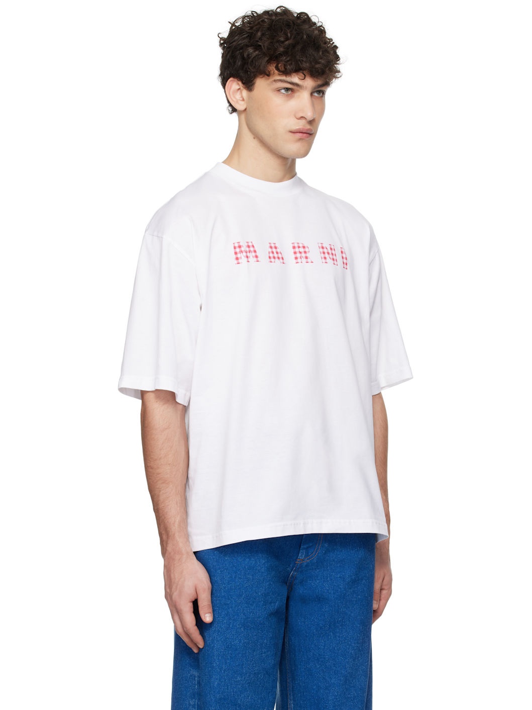 White Checked 'Marni' Logo Crewneck T-shirt - 2