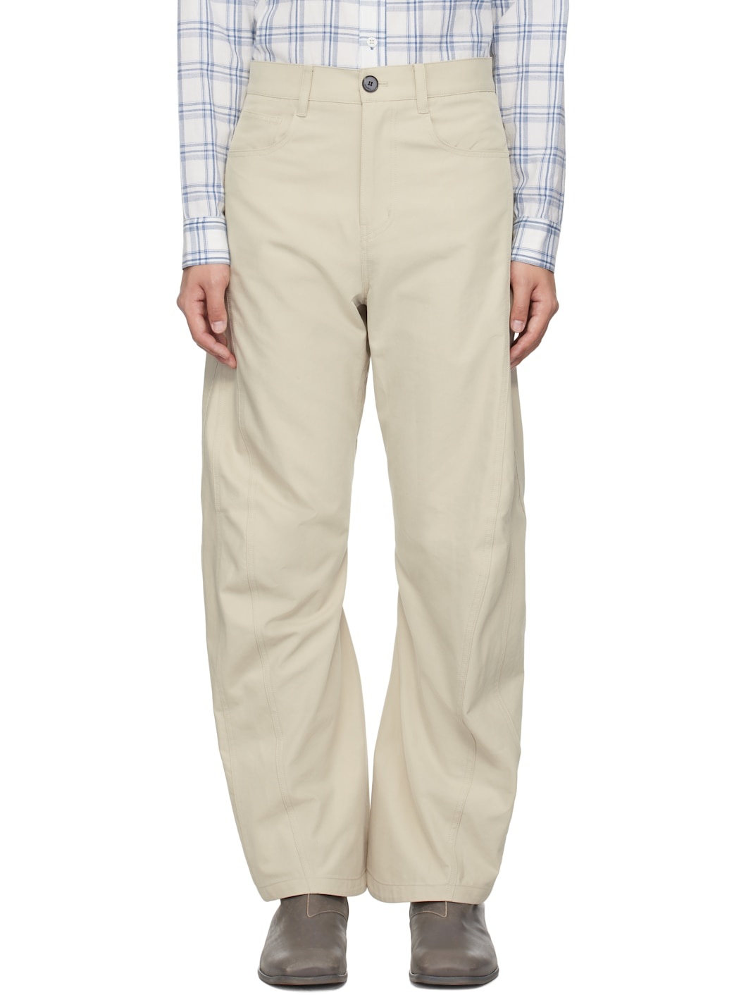 Beige Curved Silhouette Trousers - 1