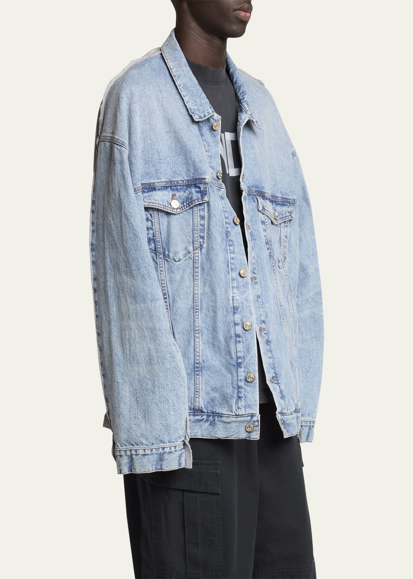 Men's Pieced Denim and Terry Trucker Jacket - 4