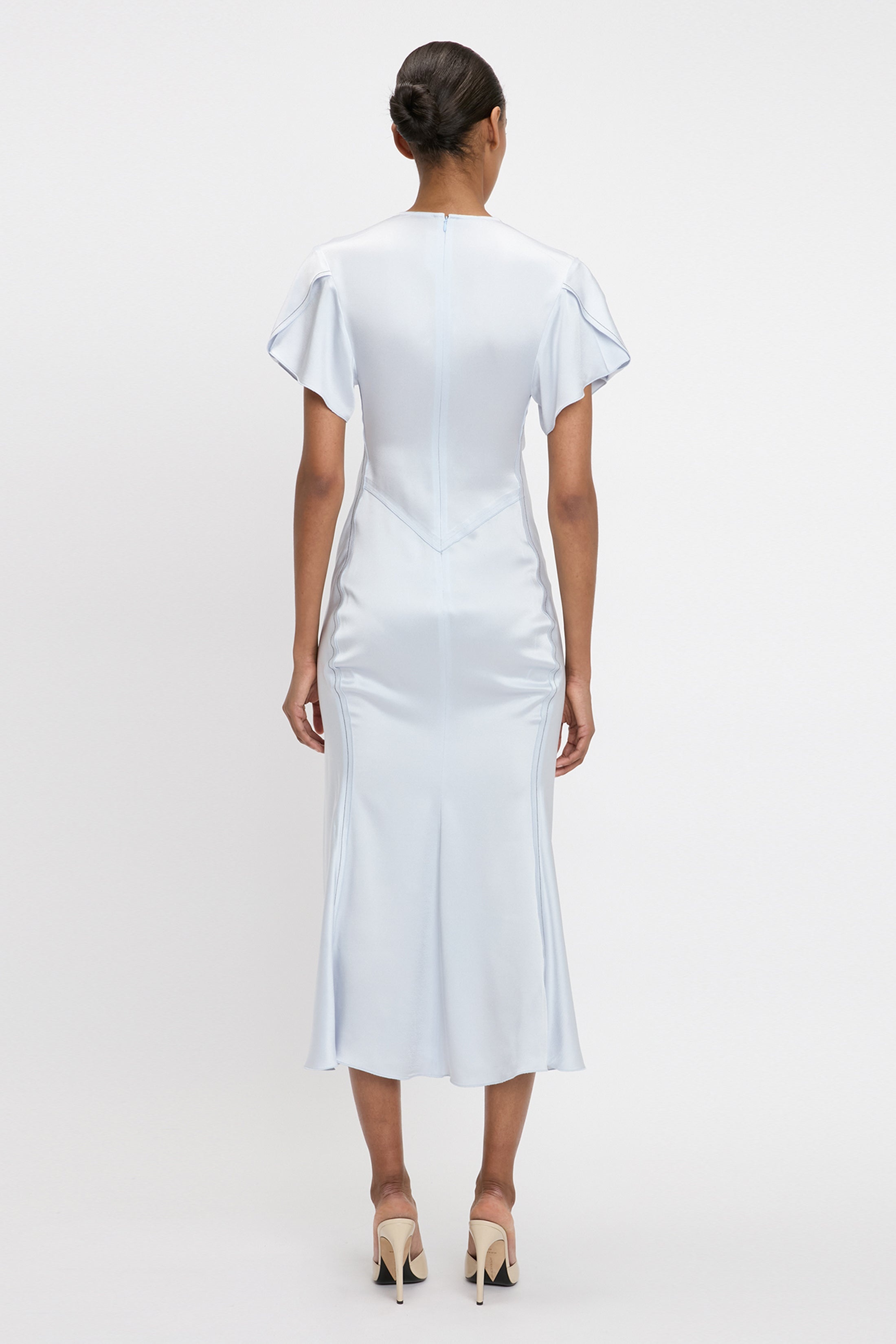 Gathered V-Neck Midi Dress In Ice - 4