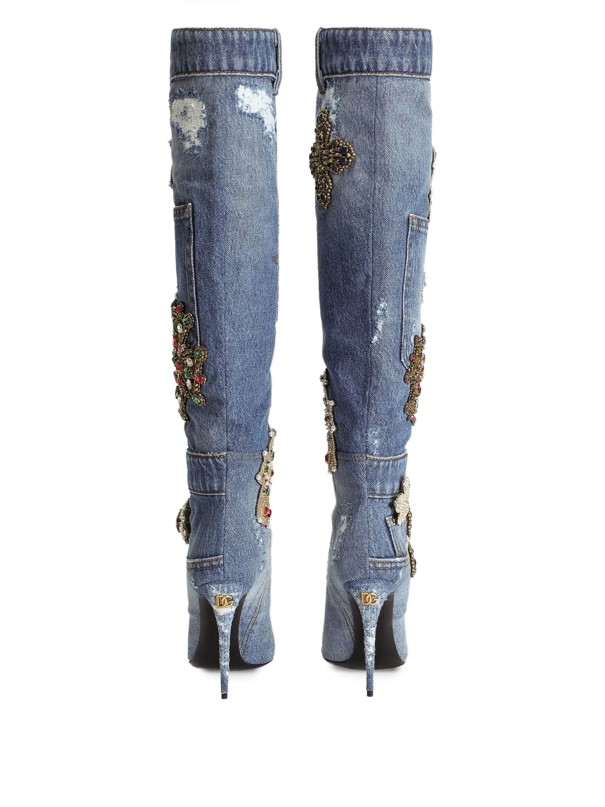Dolce & Gabbana 105mm Embroidered Patchwork Denim Boots - 4