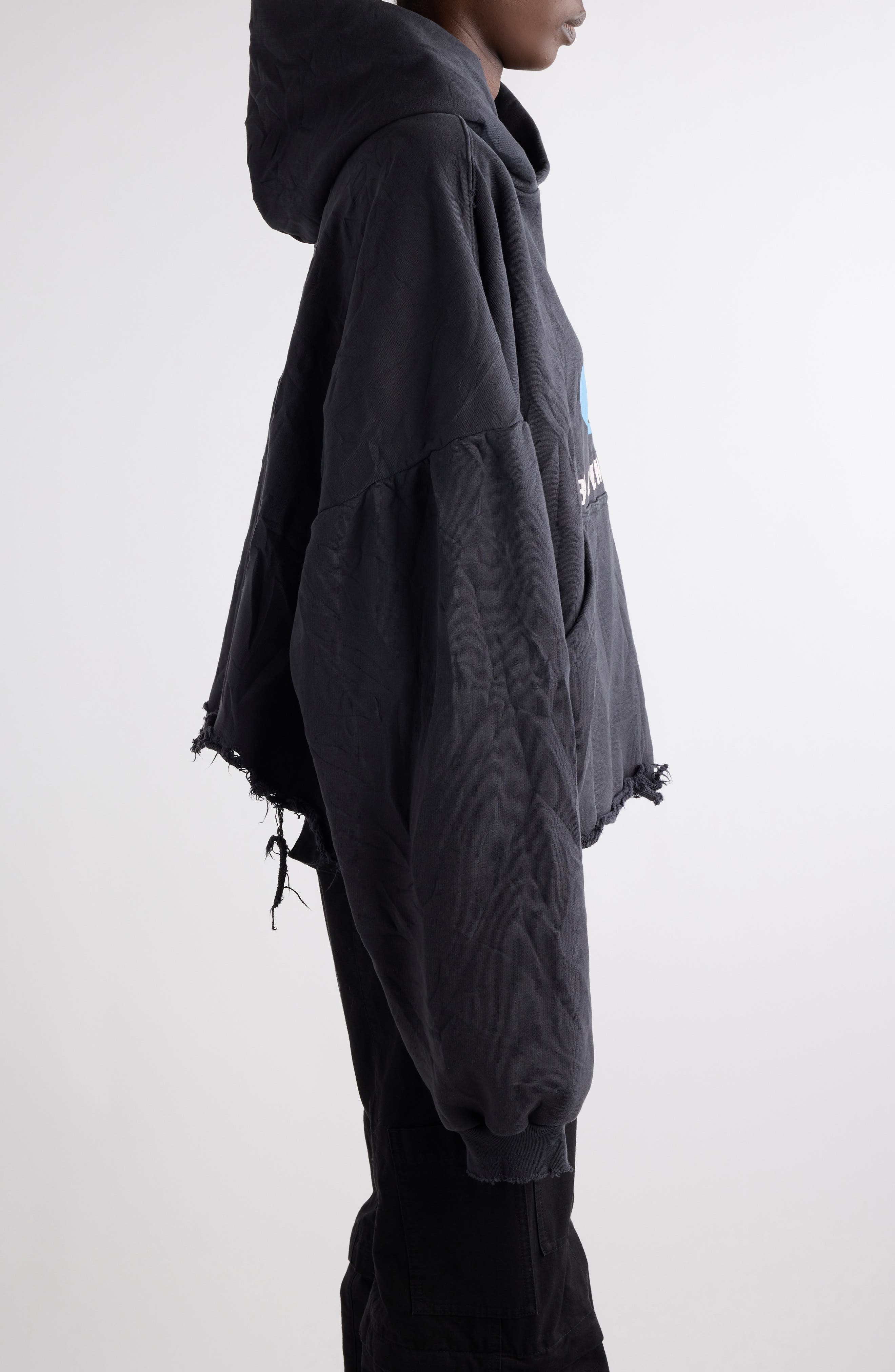 Balenciaga Logo Distressed Crop Graphic Hoodie in Washed Black/Blue at Nordstrom - 4