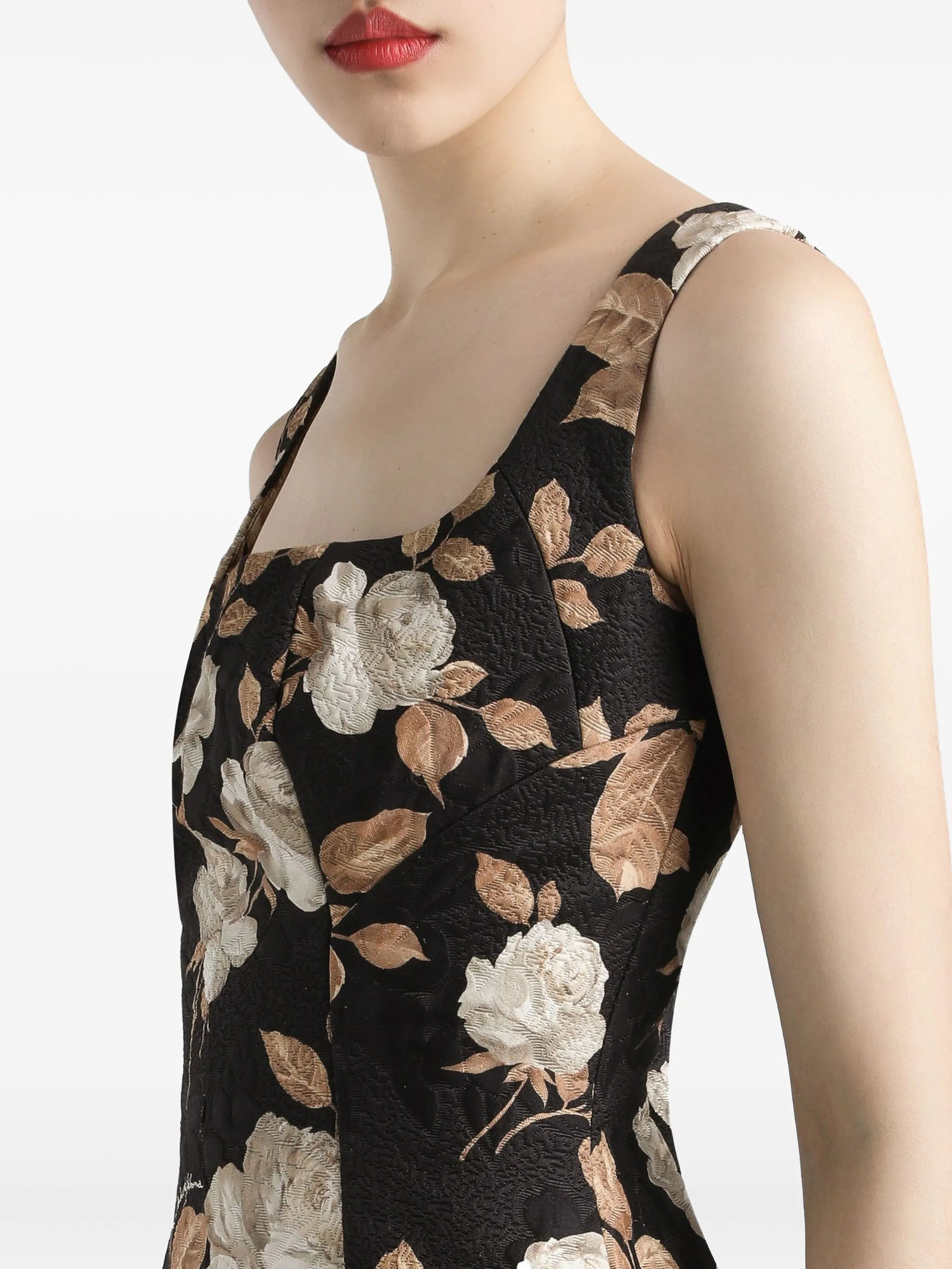 Dolce & Gabbana Rose-print Square-neck Midi Dress - 3